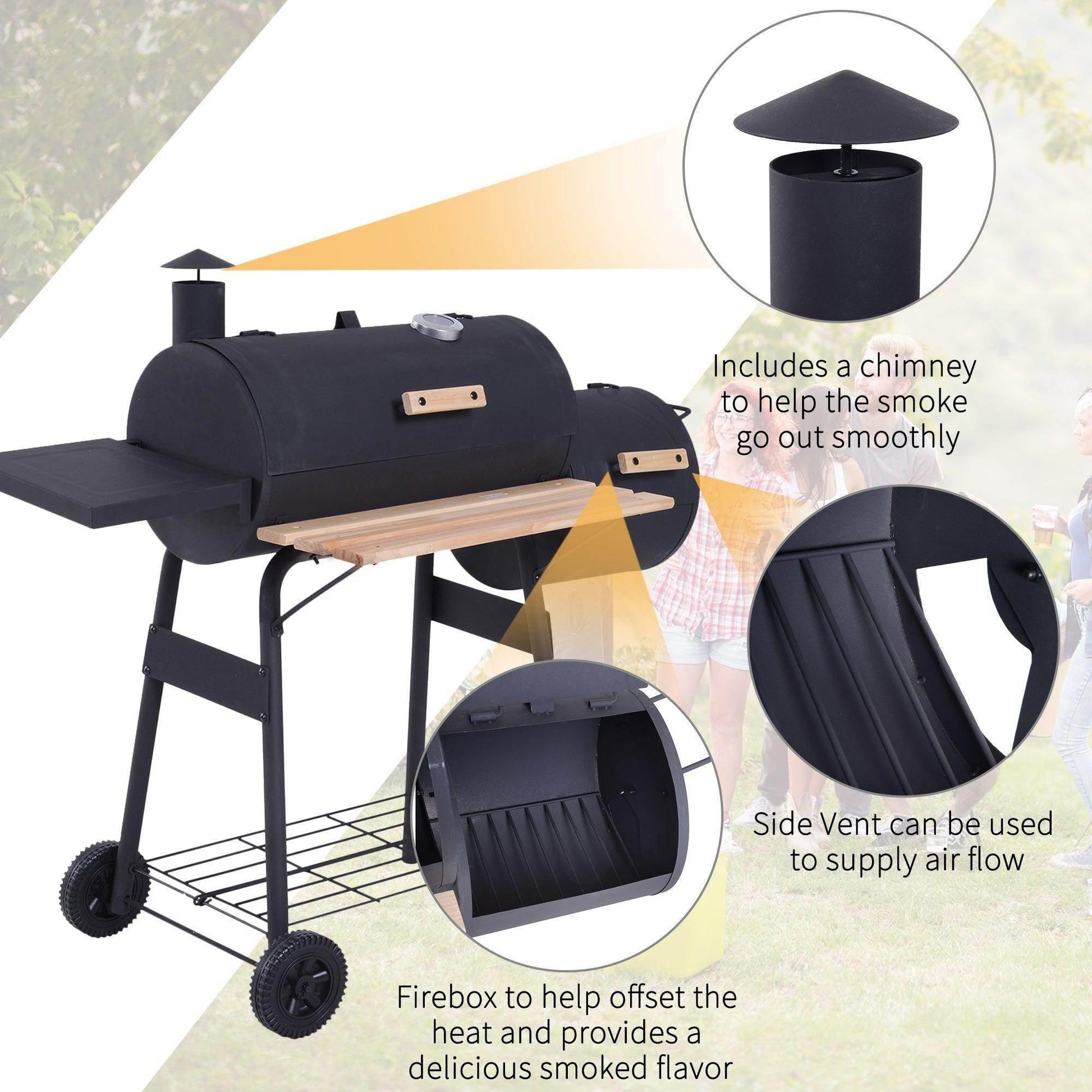 Outsunny Portable Charcoal BBQ Grill with Smoker - Trolley Design - ALL4U RETAILER LTD