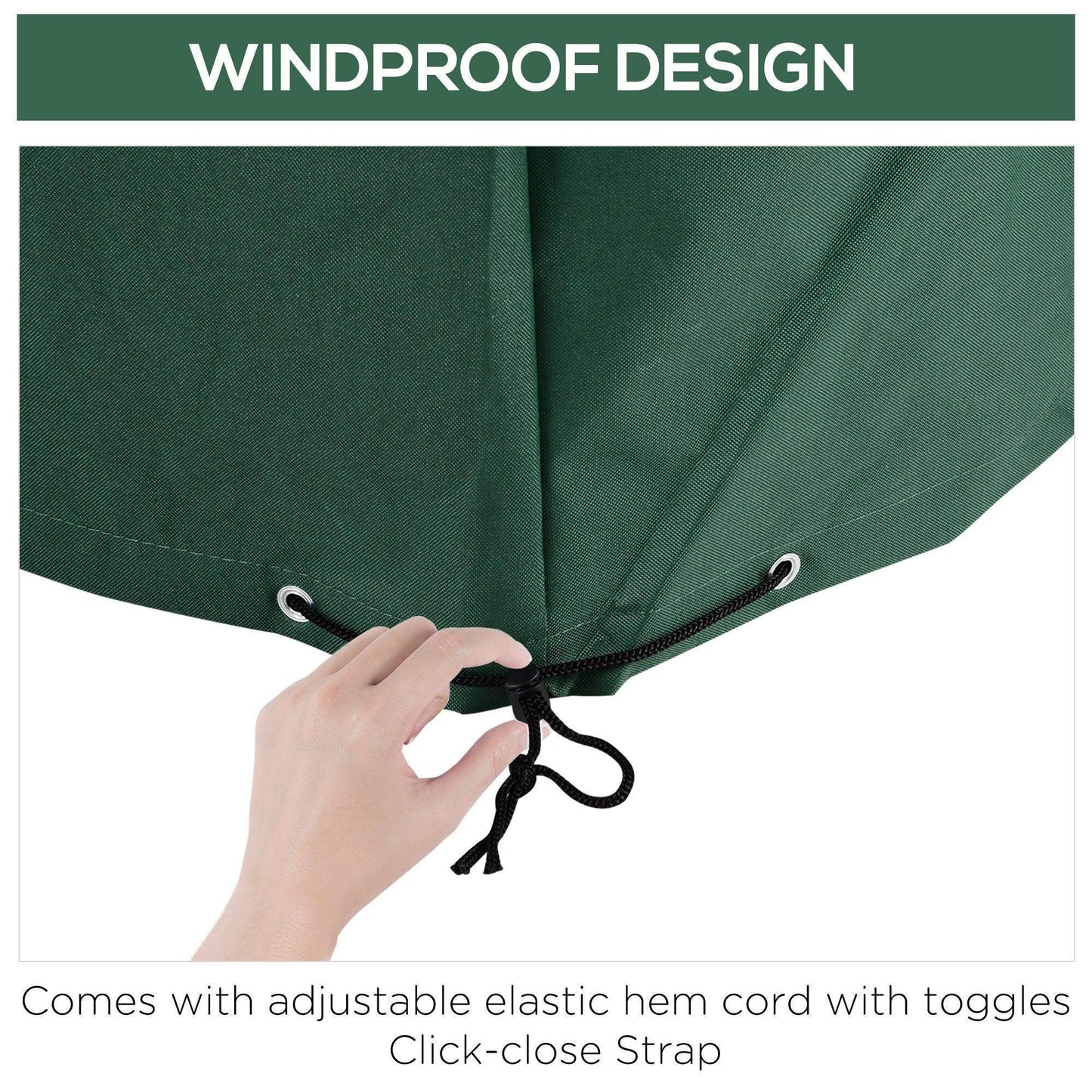 Green windproof outdoor furniture cover with adjustable hem cord and toggles, ALL4U RETAILER LTD