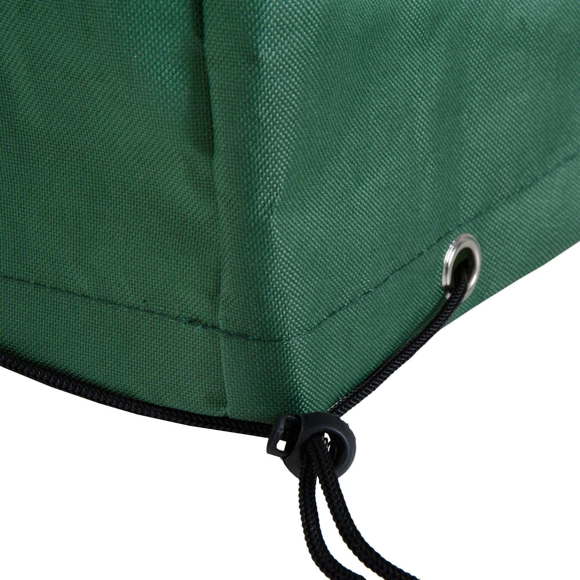 Green outdoor furniture cover with reinforced eyelet and drawstring detail