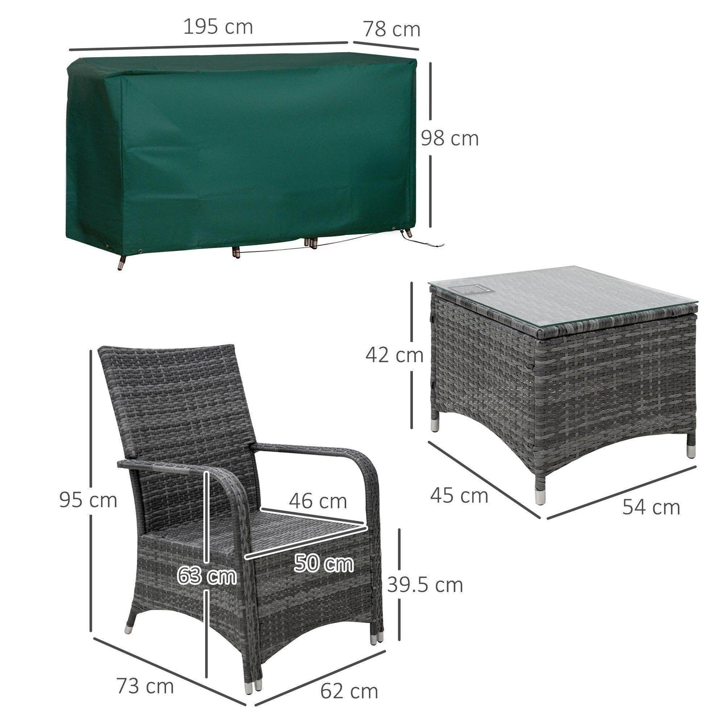 Outsunny Rattan Garden Sofa Table Set with Cover - Grey - ALL4U RETAILER LTD