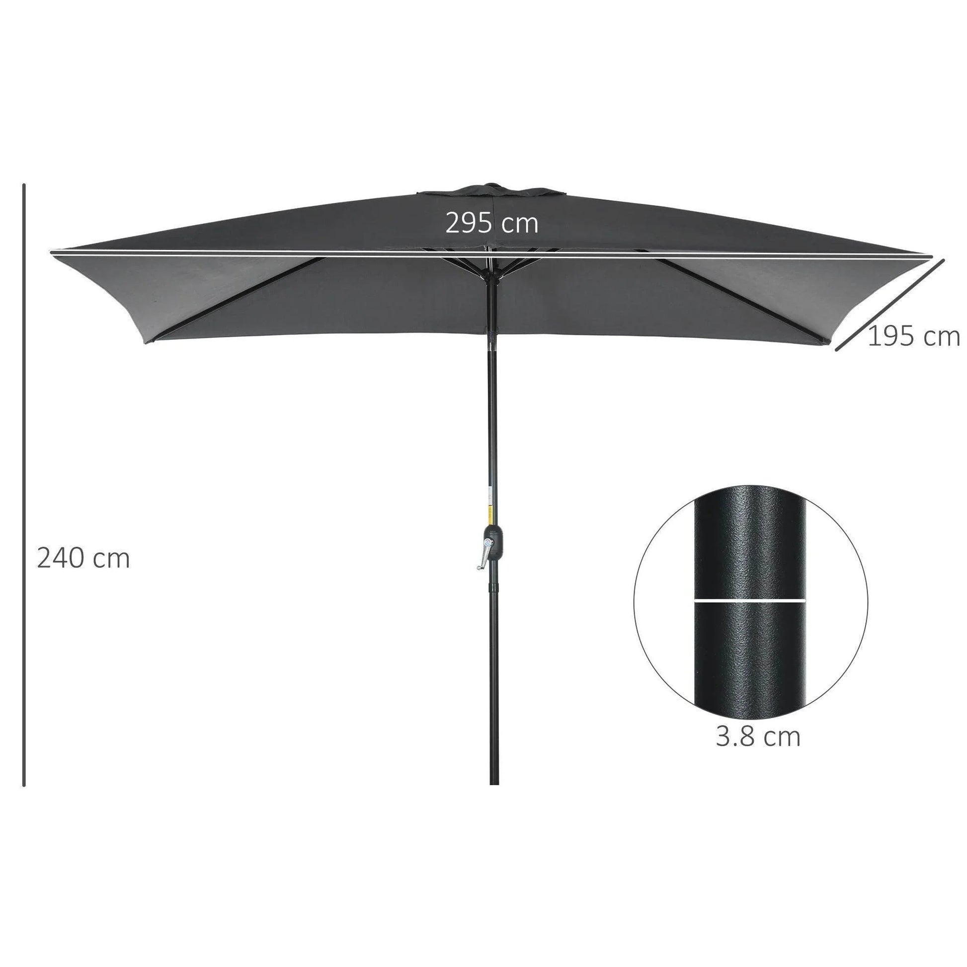 Rectangular black patio umbrella dimensions shown with tilt crank pole