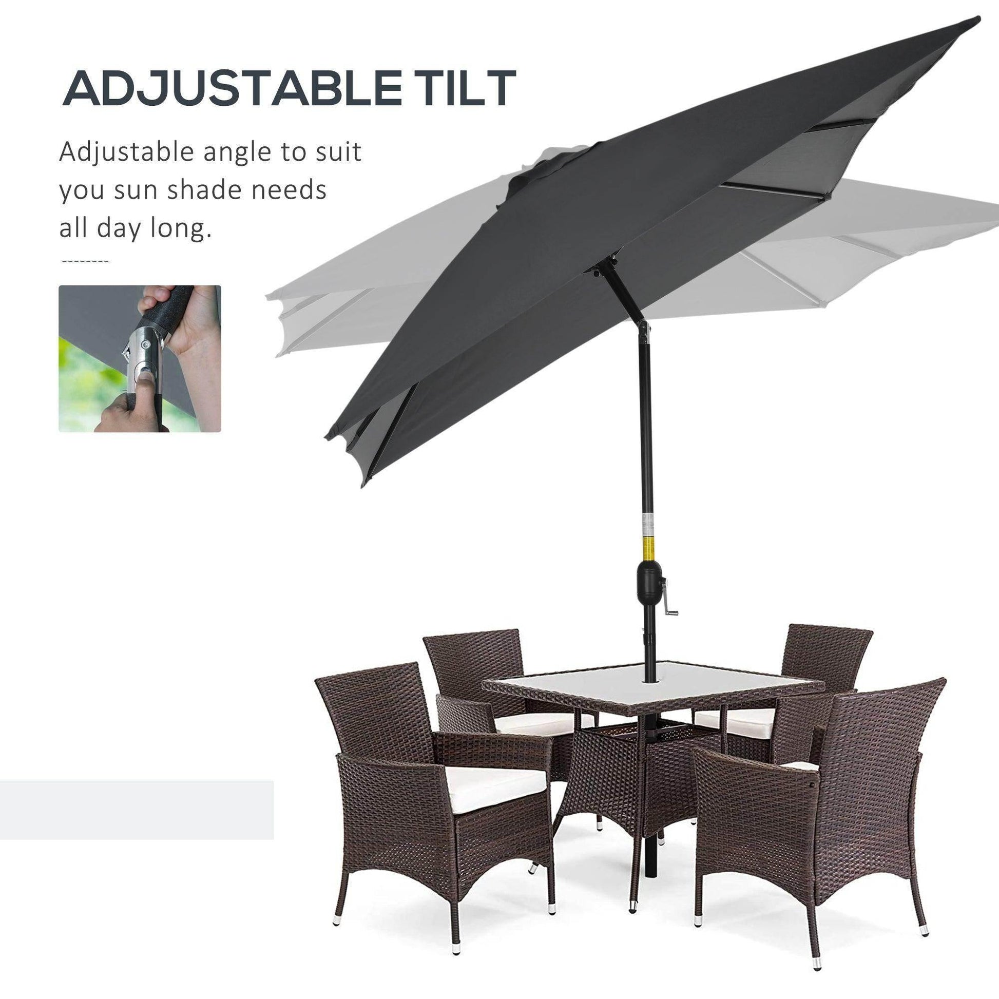 Rectangular patio umbrella with adjustable tilt canopy in black over outdoor dining set