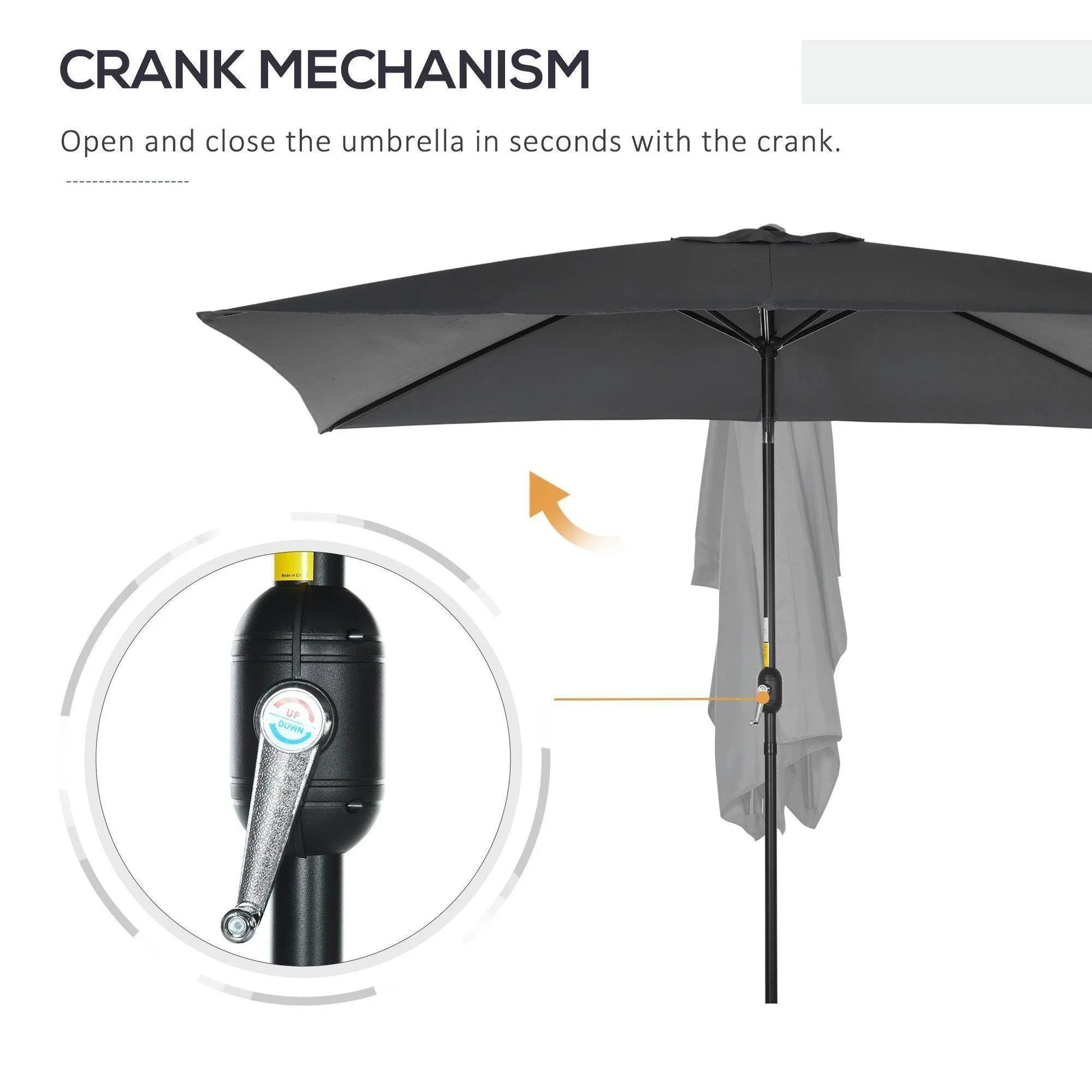 Rectangular black patio umbrella crank mechanism on center pole