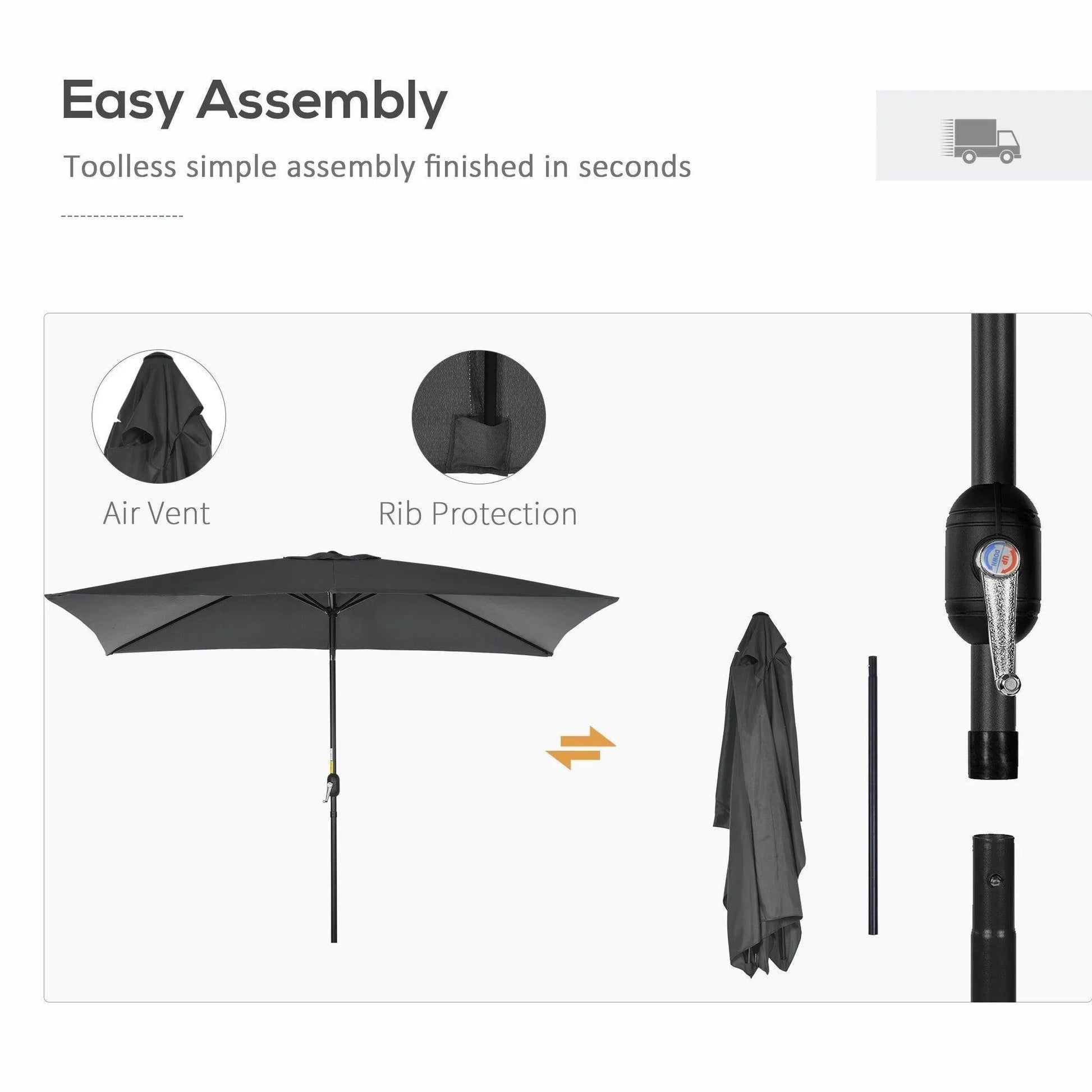 Rectangular black patio umbrella assembly parts and open canopy illustration