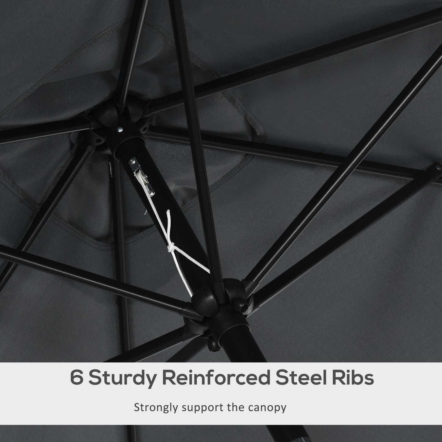 Underside view of black patio umbrella canopy with steel rib frame supports
