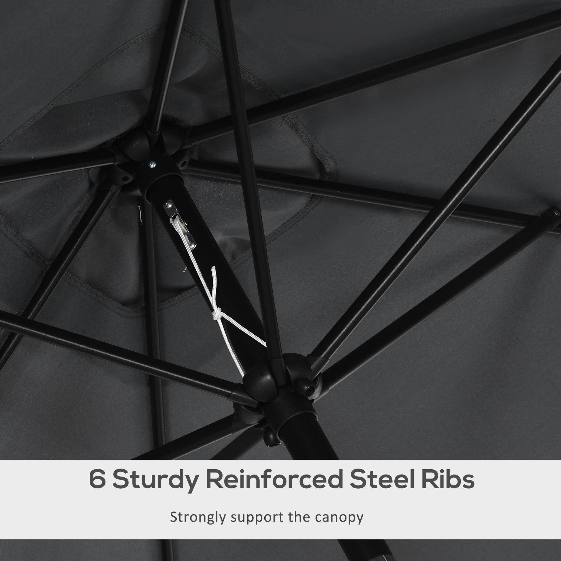 Underside view of black patio umbrella canopy with steel rib frame supports