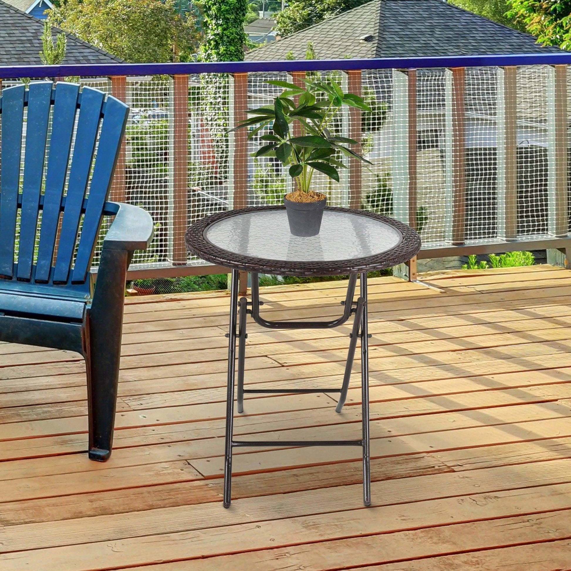 Outsunny Round Glass Metal Table with Rattan Edging - ALL4U RETAILER LTD