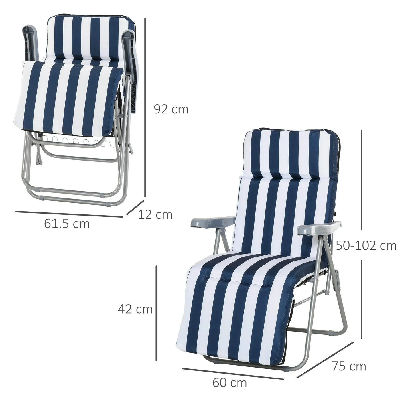 Foldable outdoor sun recliner with blue and white striped cushion, metal frame, adjustable backrest, and armrests
