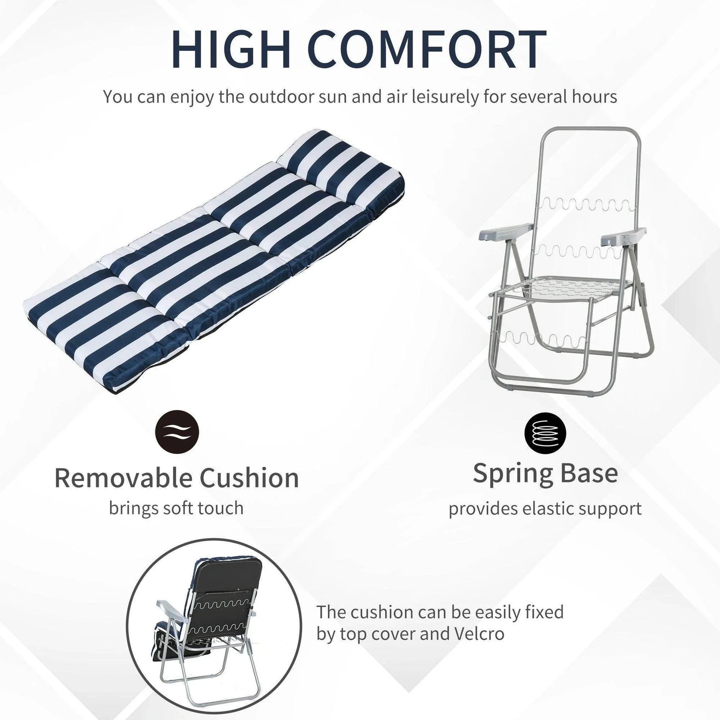 Striped removable cushion and metal spring base frame of outdoor garden patio sun recliner