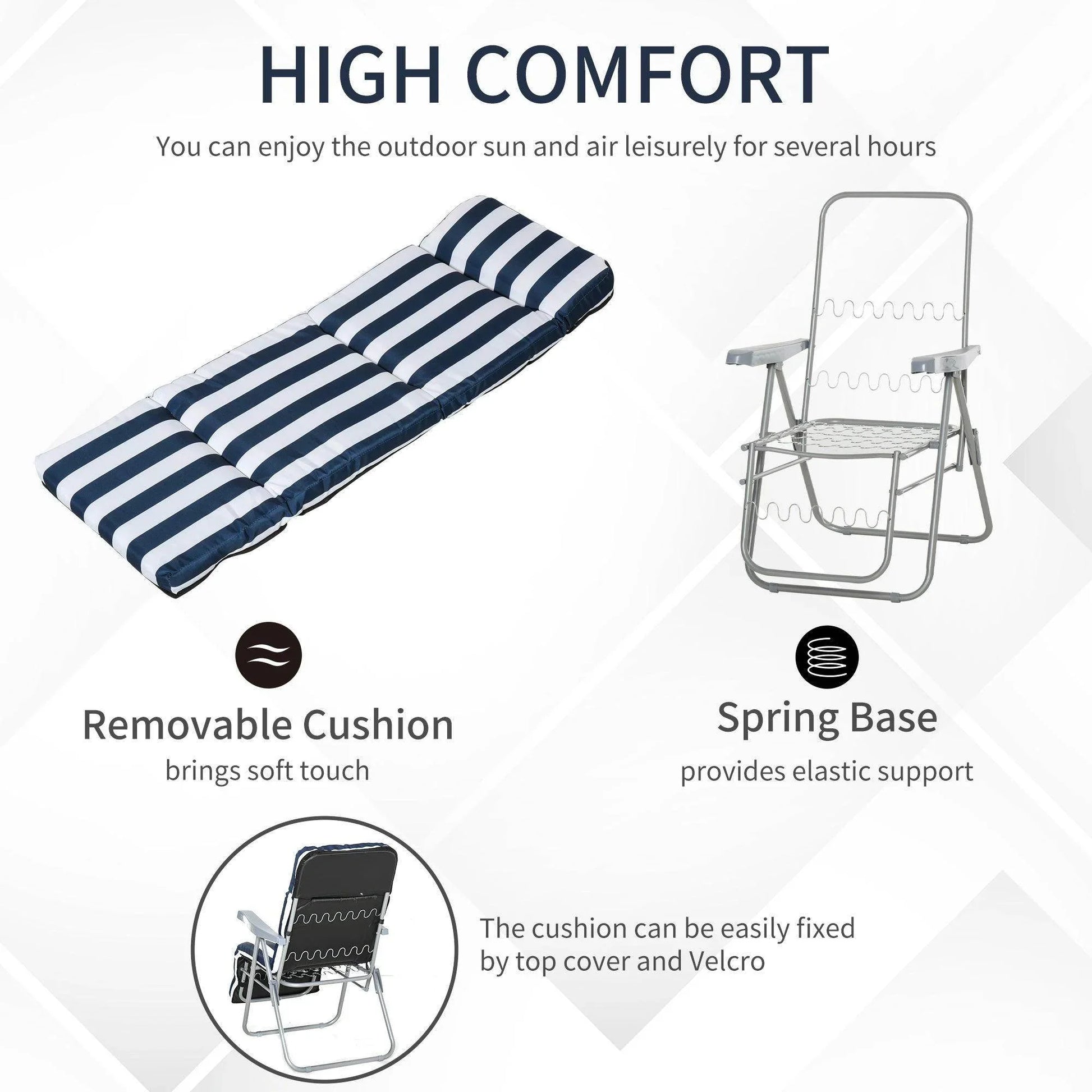 Striped removable cushion and metal spring base frame of outdoor garden patio sun recliner