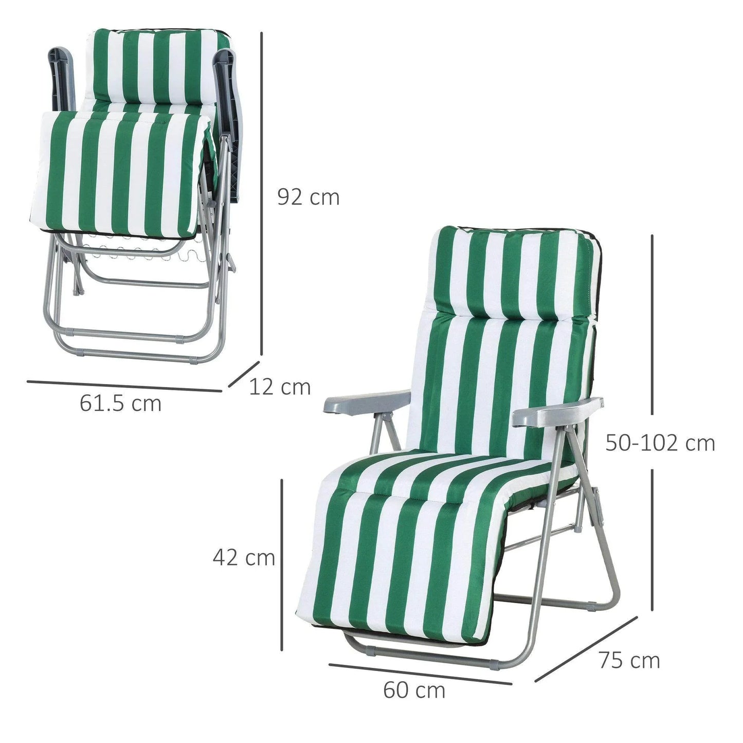 Set of 2 green and white striped padded outdoor recliner chairs with metal frames, foldable design