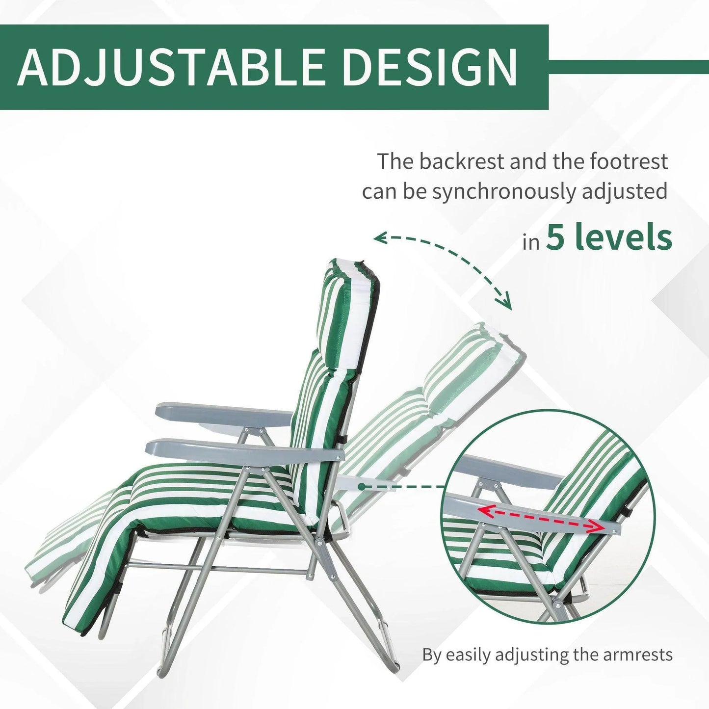 Adjustable outdoor lounge chair with green and white striped cushions, featuring 5-level reclining backrest and footrest