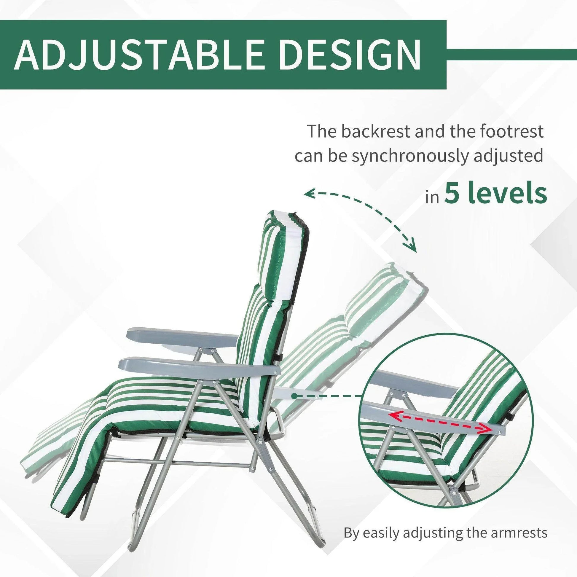 Adjustable outdoor lounge chair with green and white striped cushions, featuring 5-level reclining backrest and footrest