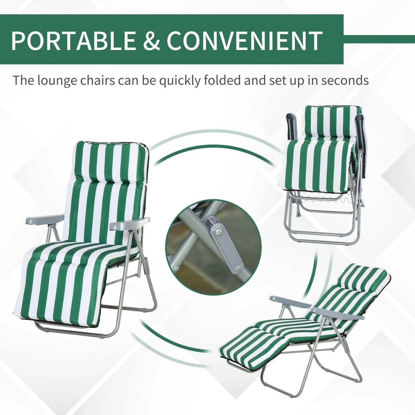 Green and white striped portable outdoor lounge chair shown folded and set up for patio or garden use