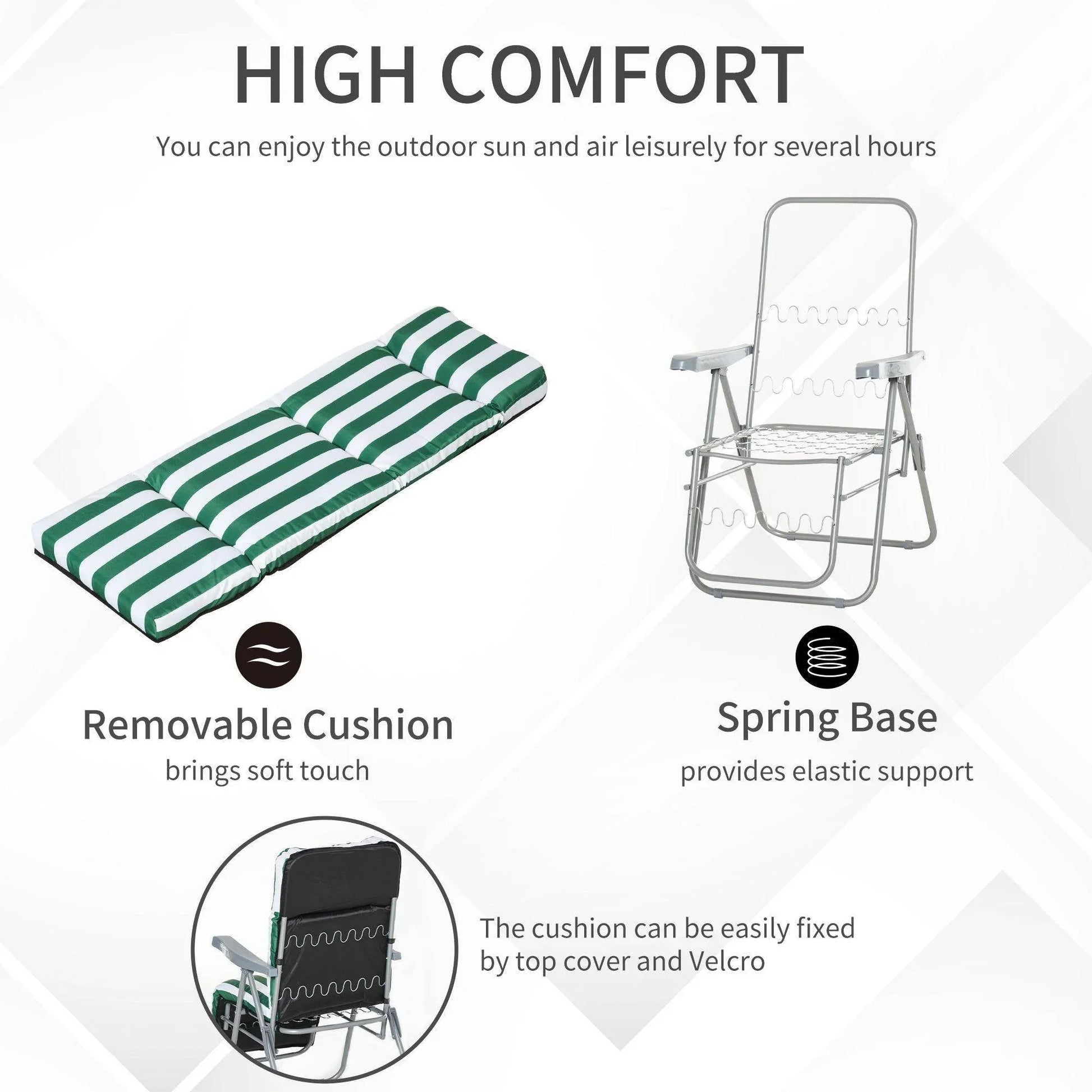 Outdoor garden sun recliner set with removable green and white striped cushion and spring base for comfort