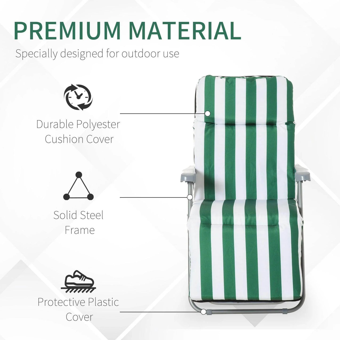 Striped green and white outdoor garden sun recliner with durable polyester cushion and solid steel frame