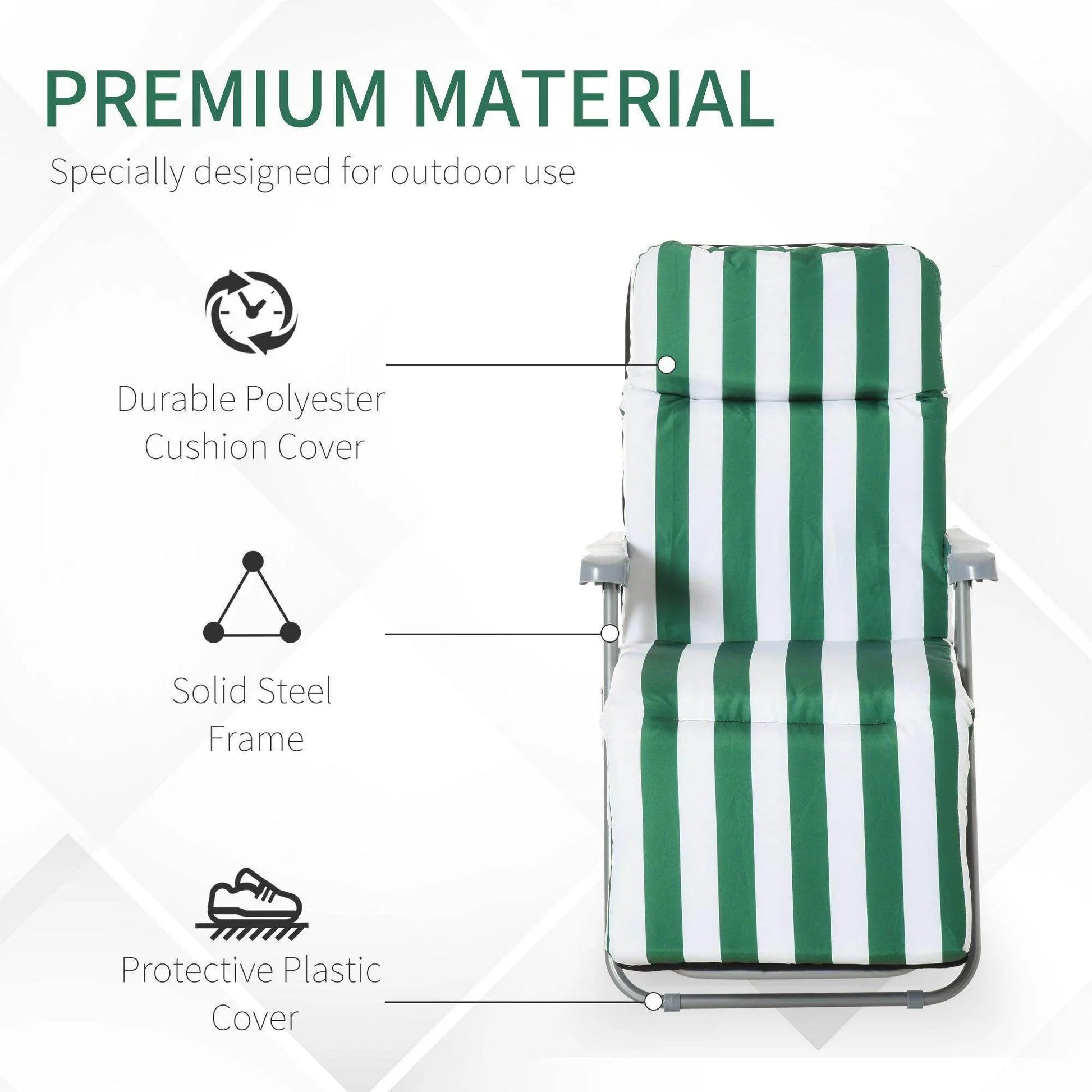 Striped green and white outdoor garden sun recliner with durable polyester cushion and solid steel frame