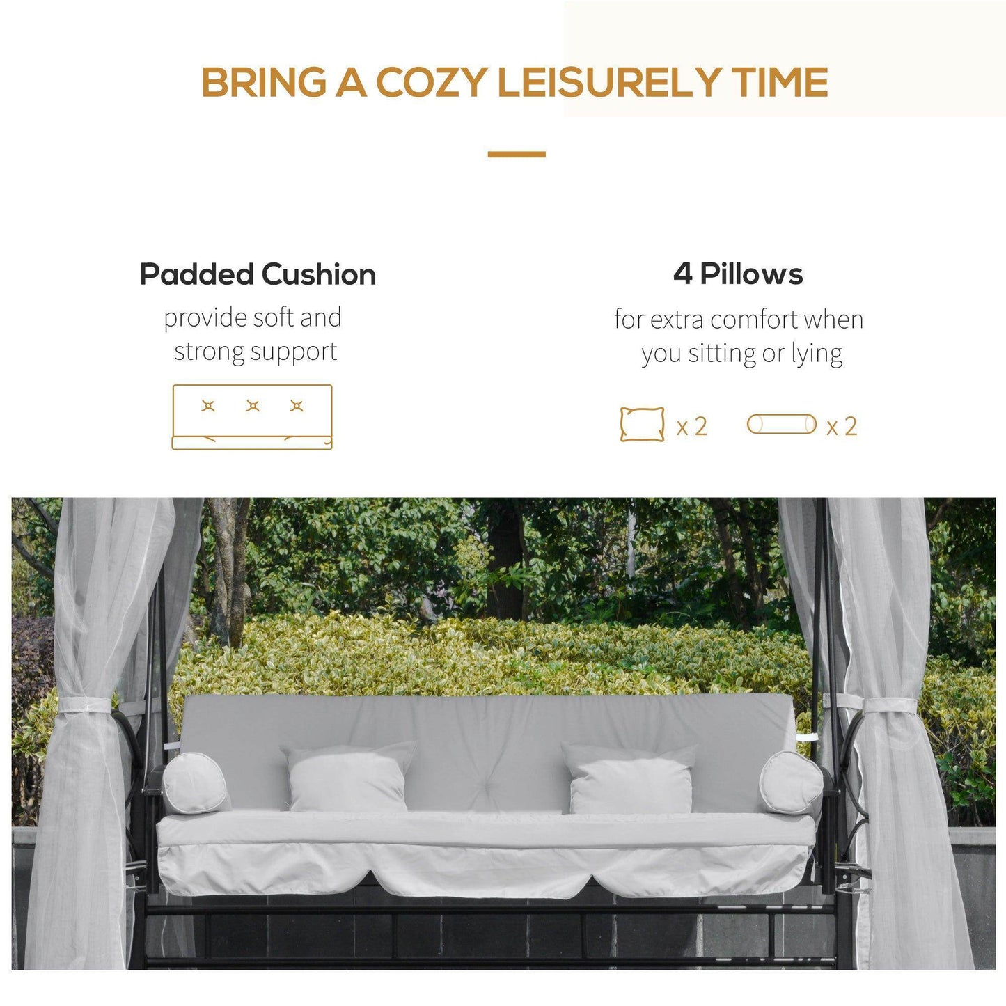 Outsunny Swing Chair Bed with Canopy - Grey - ALL4U RETAILER LTD