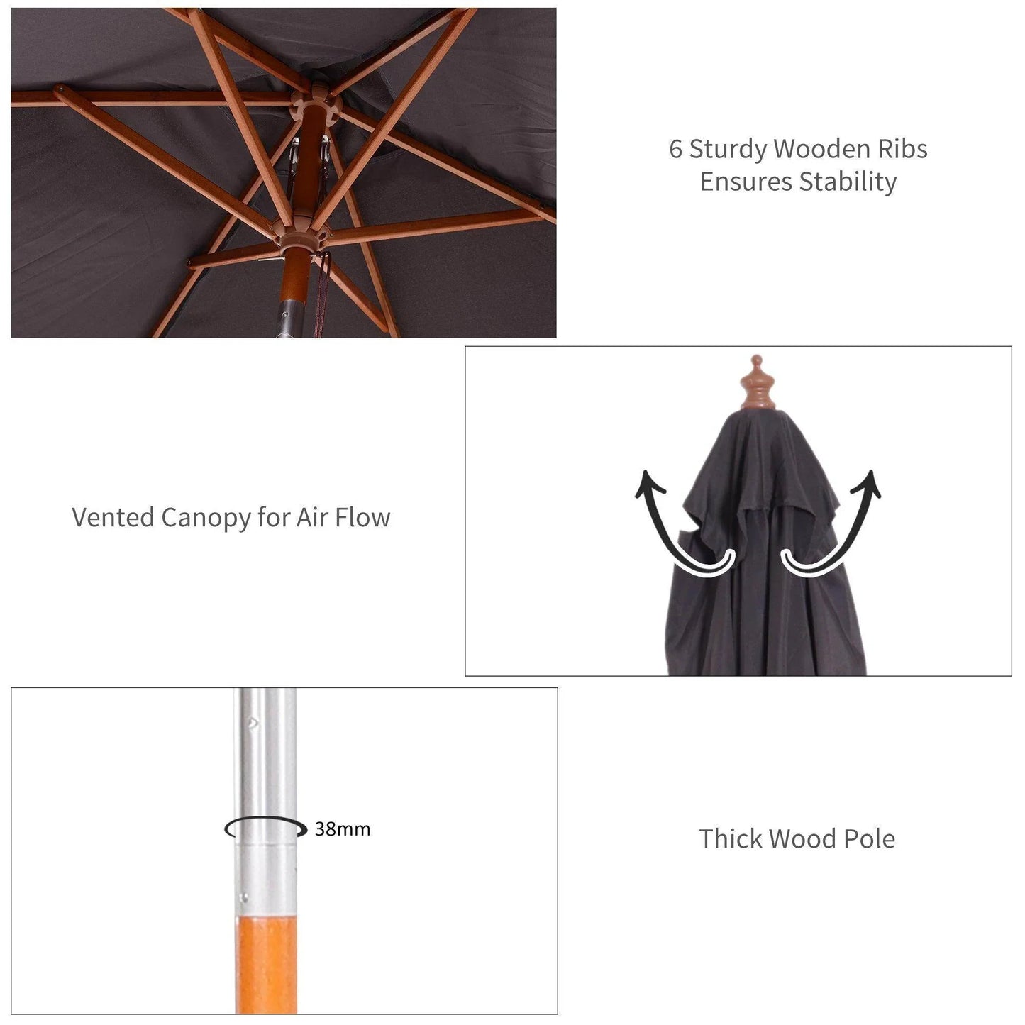 Outsunny Tilt Mechanism Bamboo Wooden Frame Parasol - Deep Grey - ALL4U RETAILER LTD