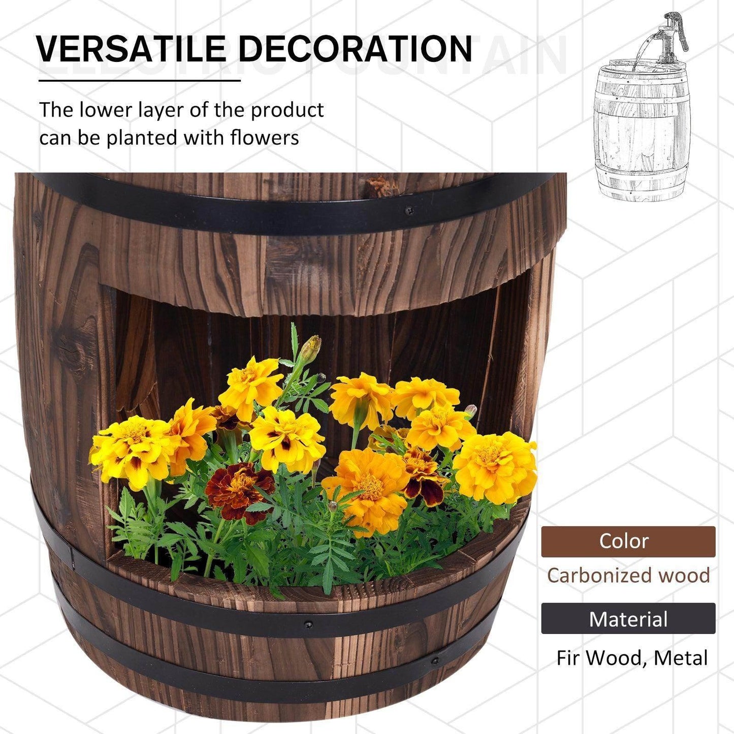 Outsunny Wood Barrel Patio Water Fountain with Flower Planter - ALL4U RETAILER LTD