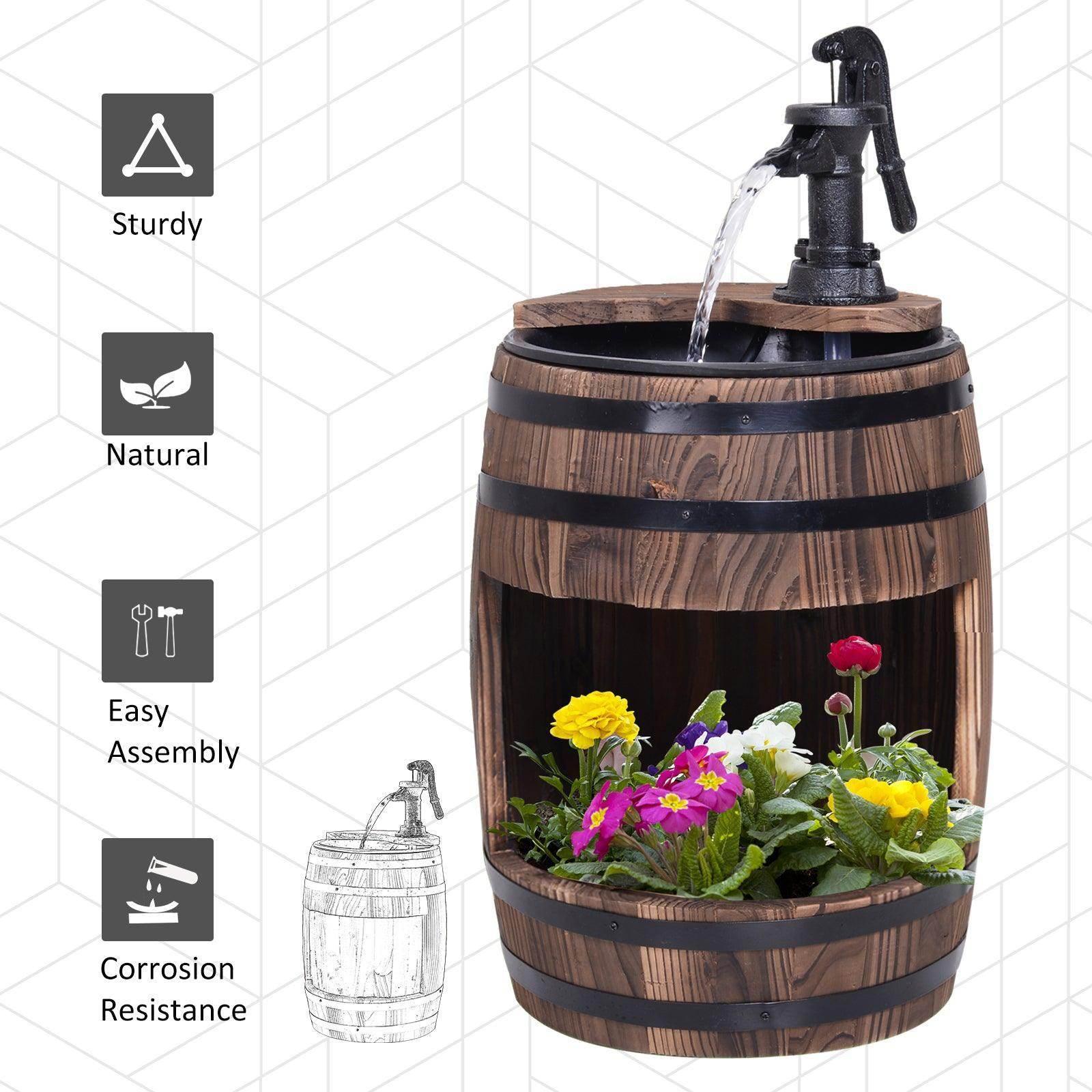 Outsunny Wood Barrel Patio Water Fountain with Flower Planter - ALL4U RETAILER LTD