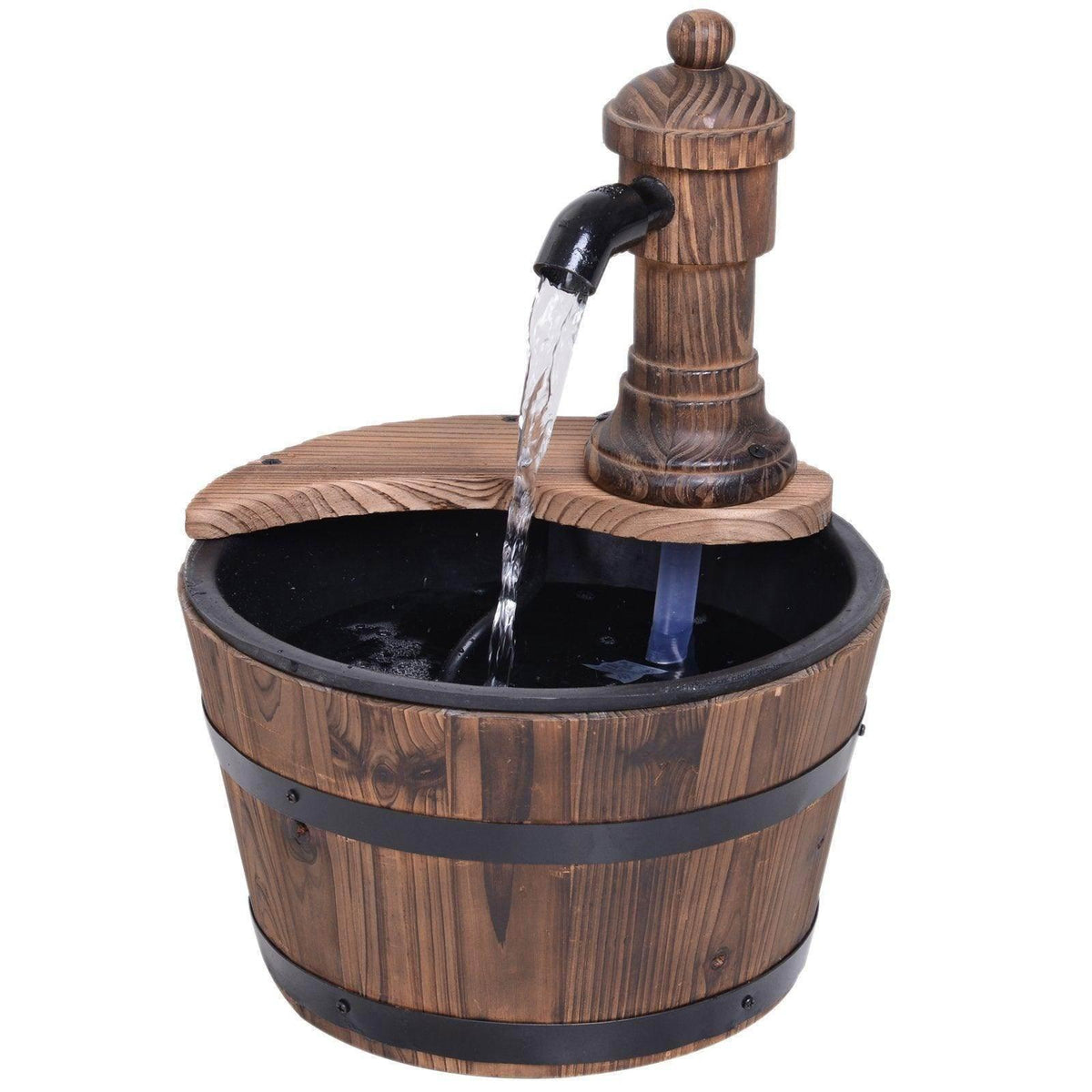 Wood barrel water pump fountain with black basin and curved water spout
