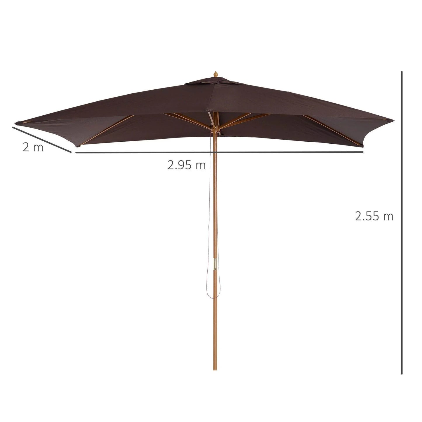 Coffee wooden garden parasol umbrella, 3mx2m size, with natural wood pole and brown fabric canopy