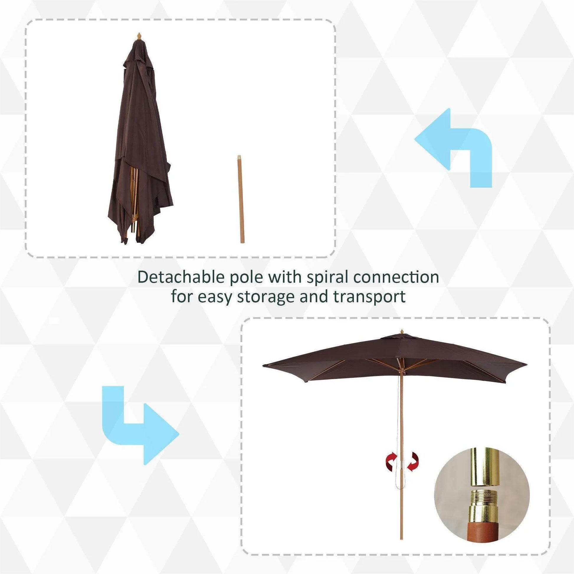 Coffee-colored Outsunny wooden garden parasol umbrella, 3x2m, with detachable pole and spiral connection for storage