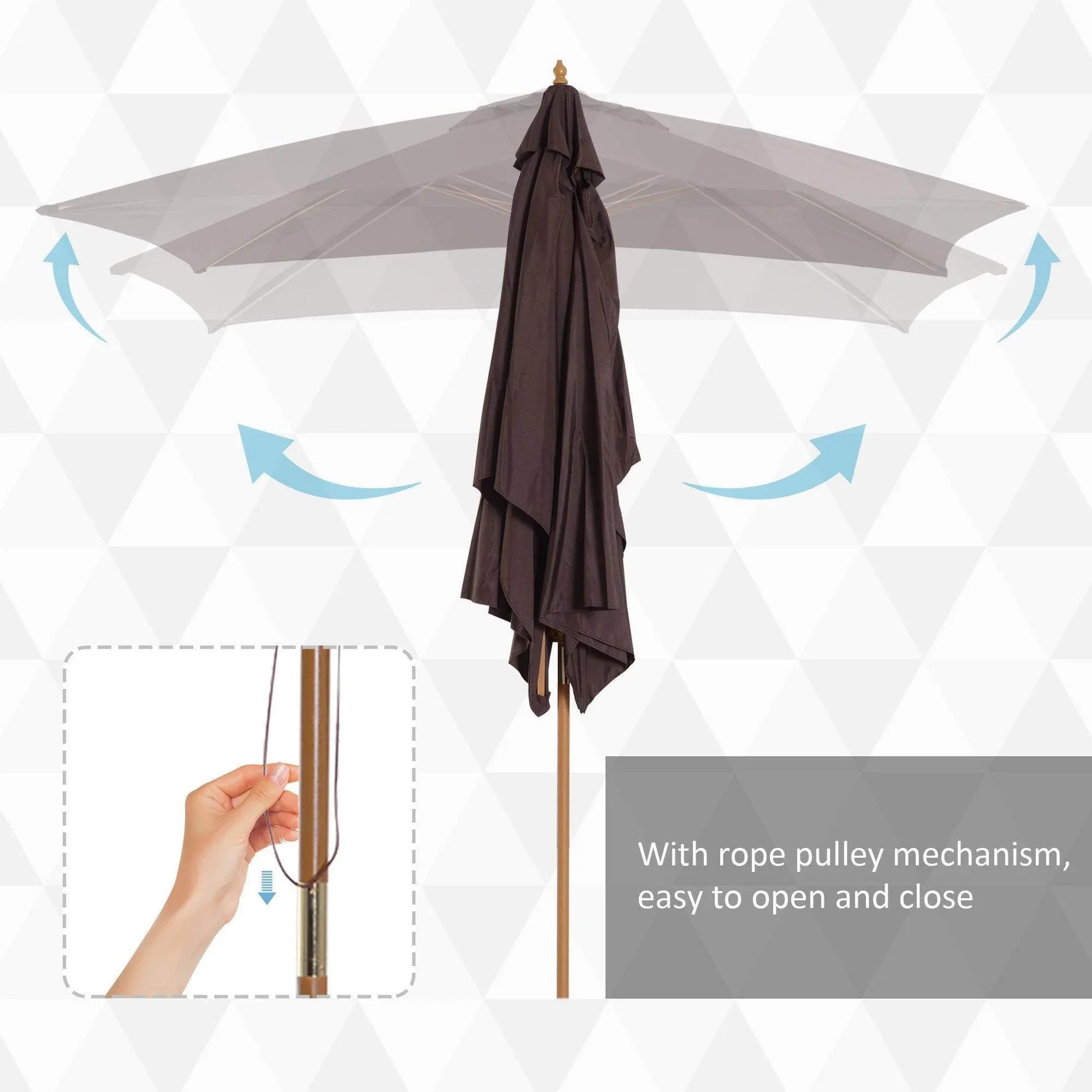Closed coffee-colored wooden garden parasol with rope pulley mechanism for easy opening and closing