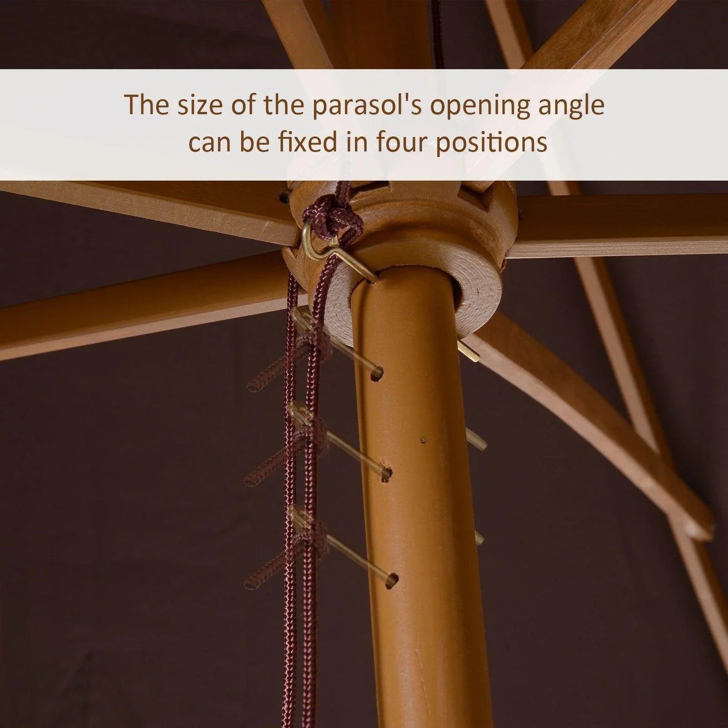 Close-up of wooden garden parasol mechanism with adjustable opening angle in coffee color