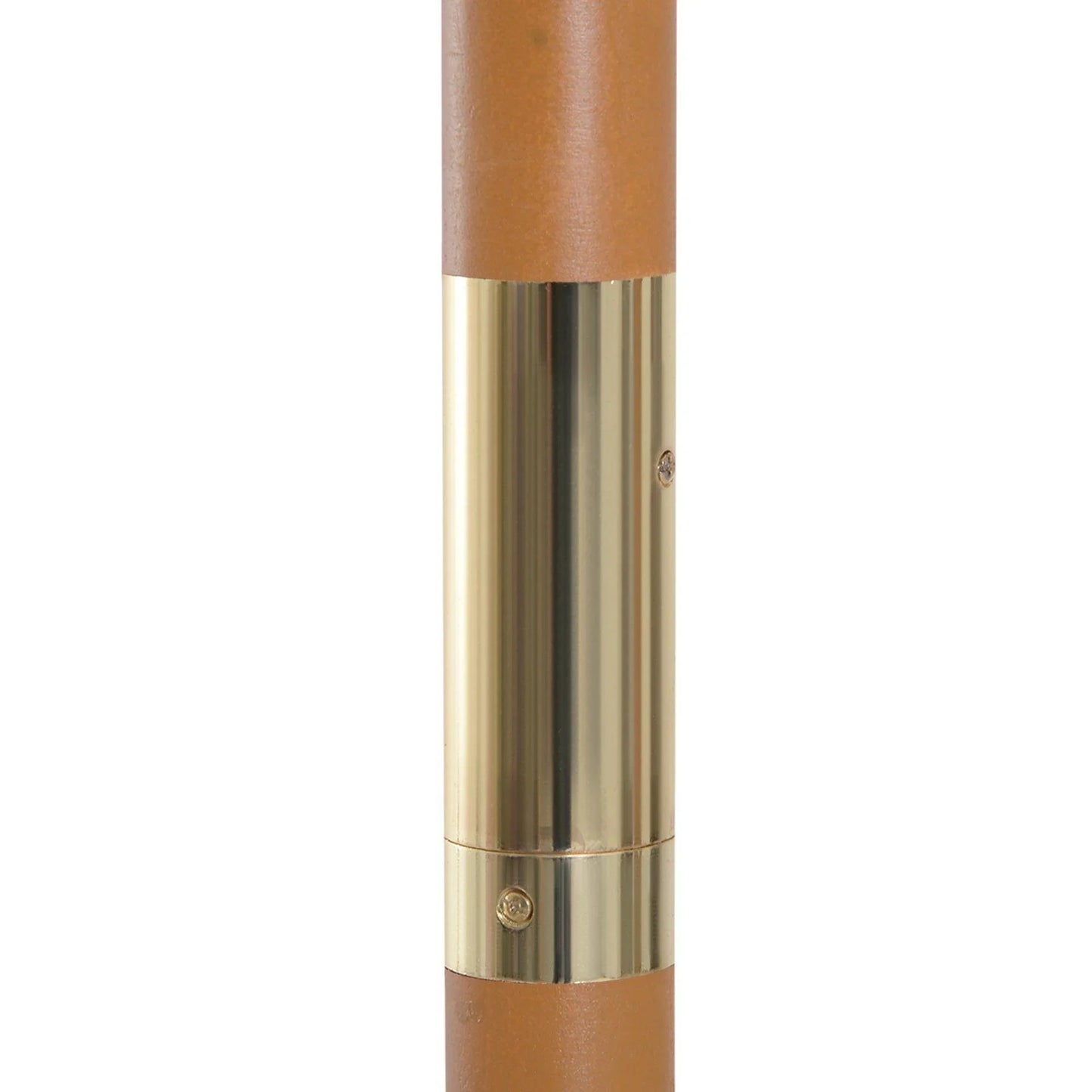 Close-up of wooden garden parasol pole with brass metal collar, outdoor patio umbrella accessory