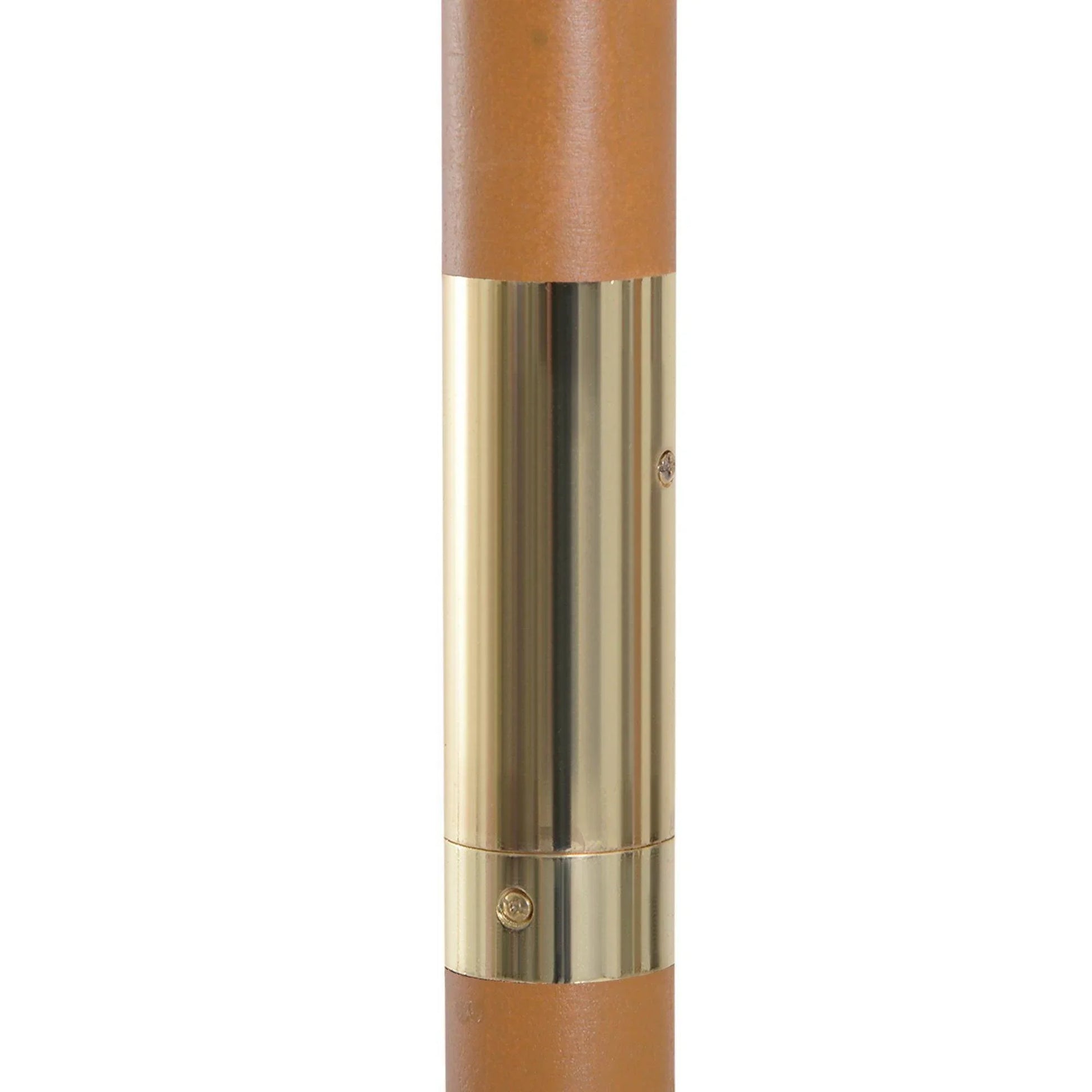 Close-up of wooden garden parasol pole with brass metal collar, outdoor patio umbrella accessory