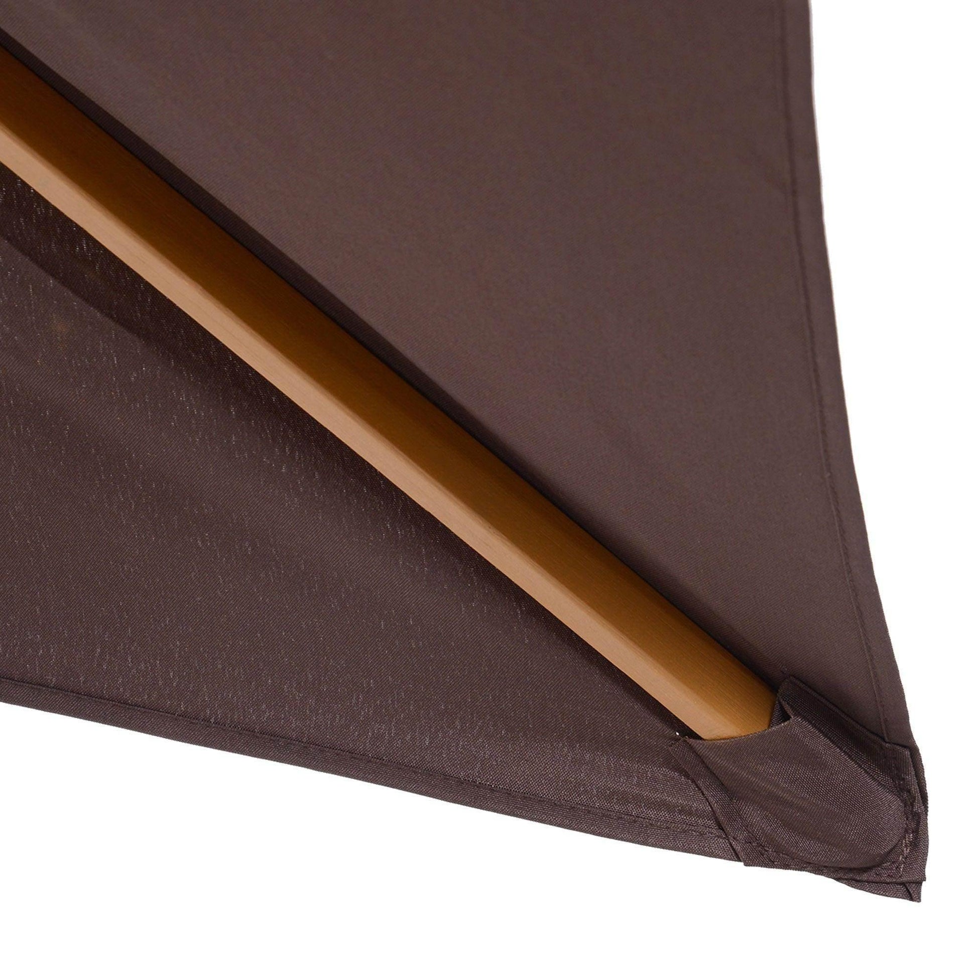 Close-up of a coffee-colored wooden garden parasol fabric corner and wooden rib beam detail