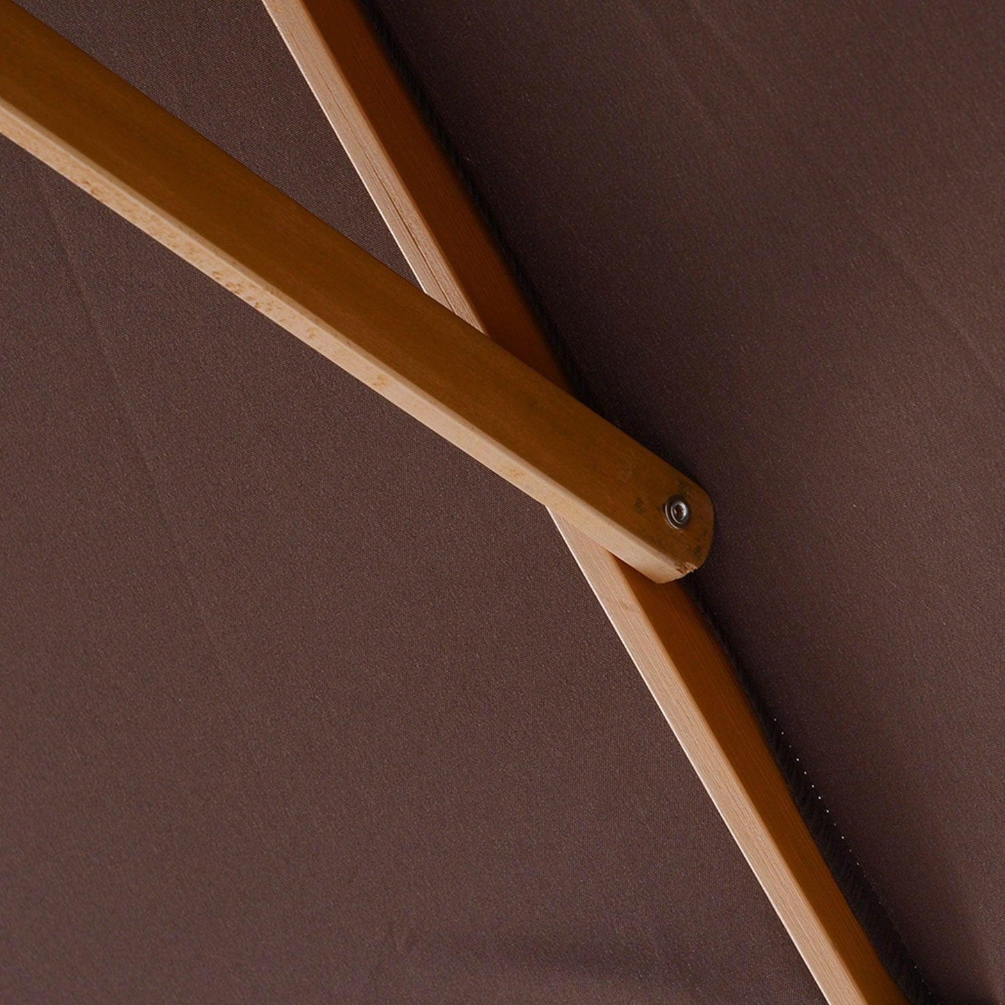 Close-up of wooden frame supports and brown fabric canopy of Outsunny wooden garden parasol umbrella