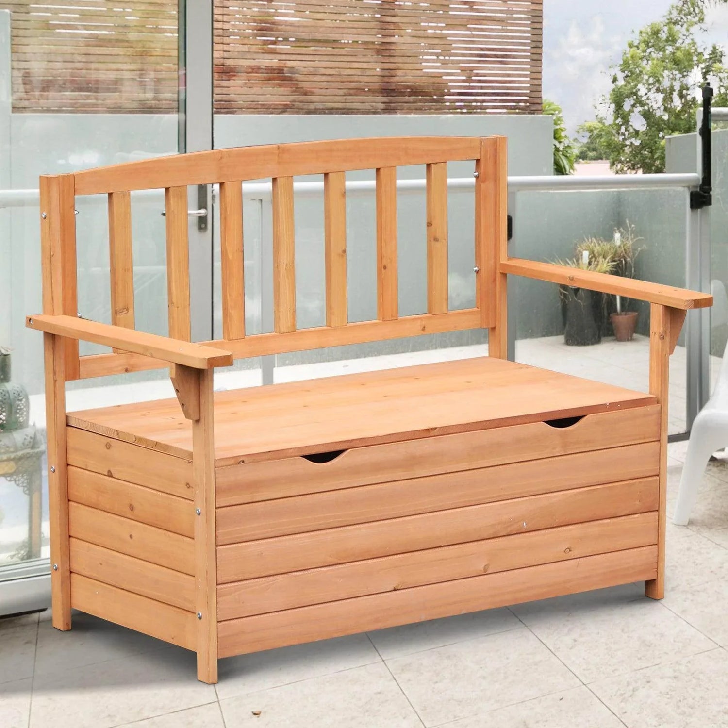 Wooden garden storage bench with slatted back, hinged lift-top, and two hand slots
