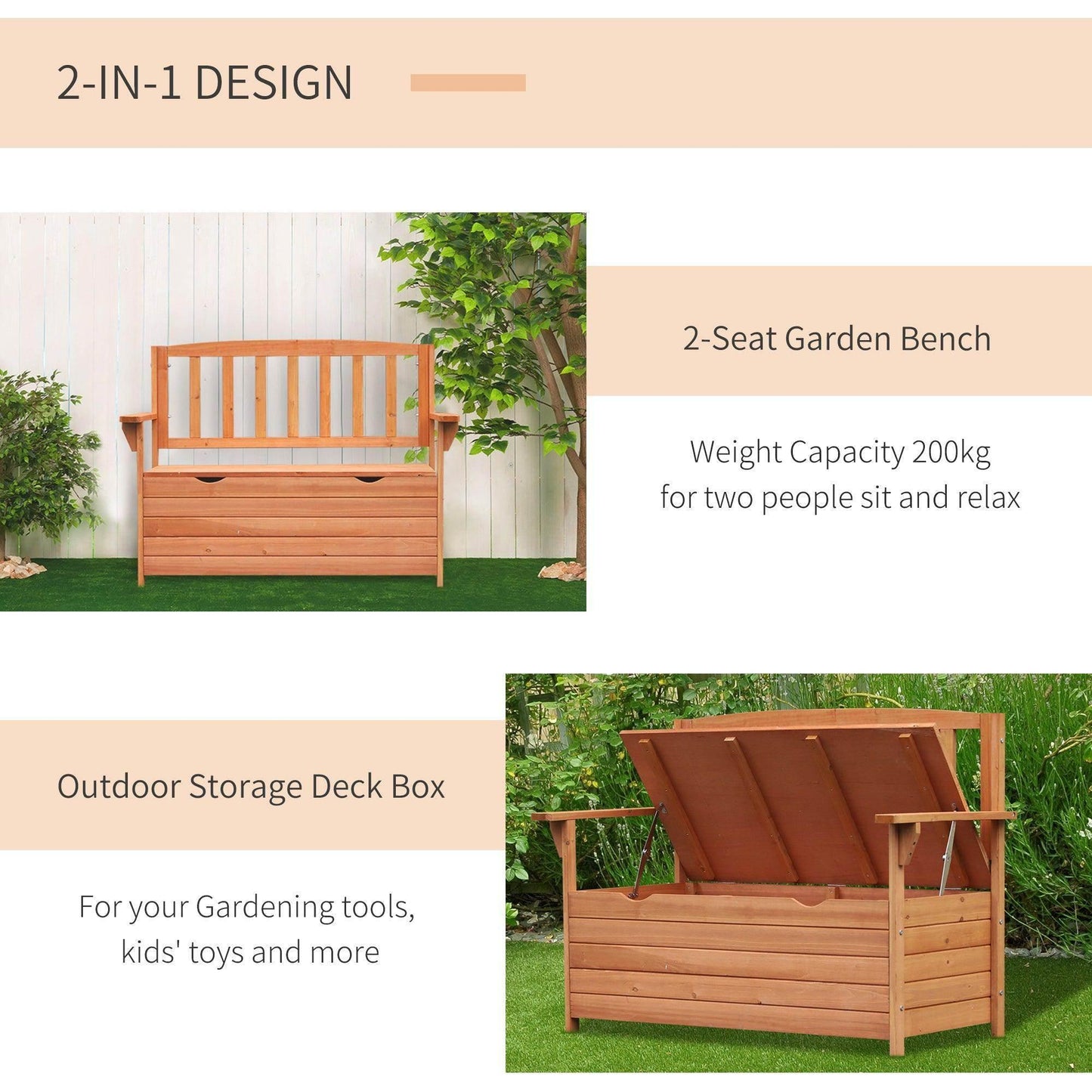 Outsunny Wooden Garden Storage Bench - Weatherproof Outdoor Patio Box - ALL4U RETAILER LTD