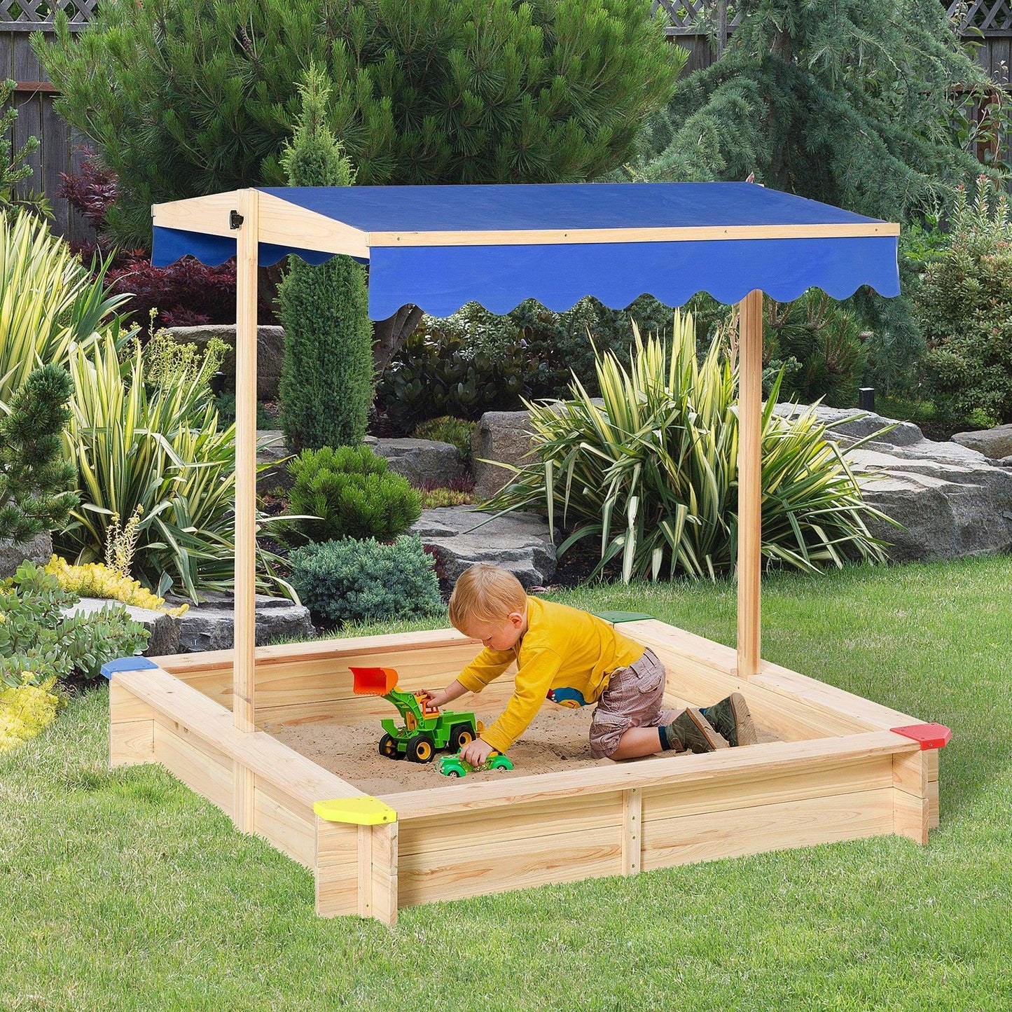 Outsunny Wooden Sandpit with Adjustable Canopy and Bench Seat - ALL4U RETAILER LTD