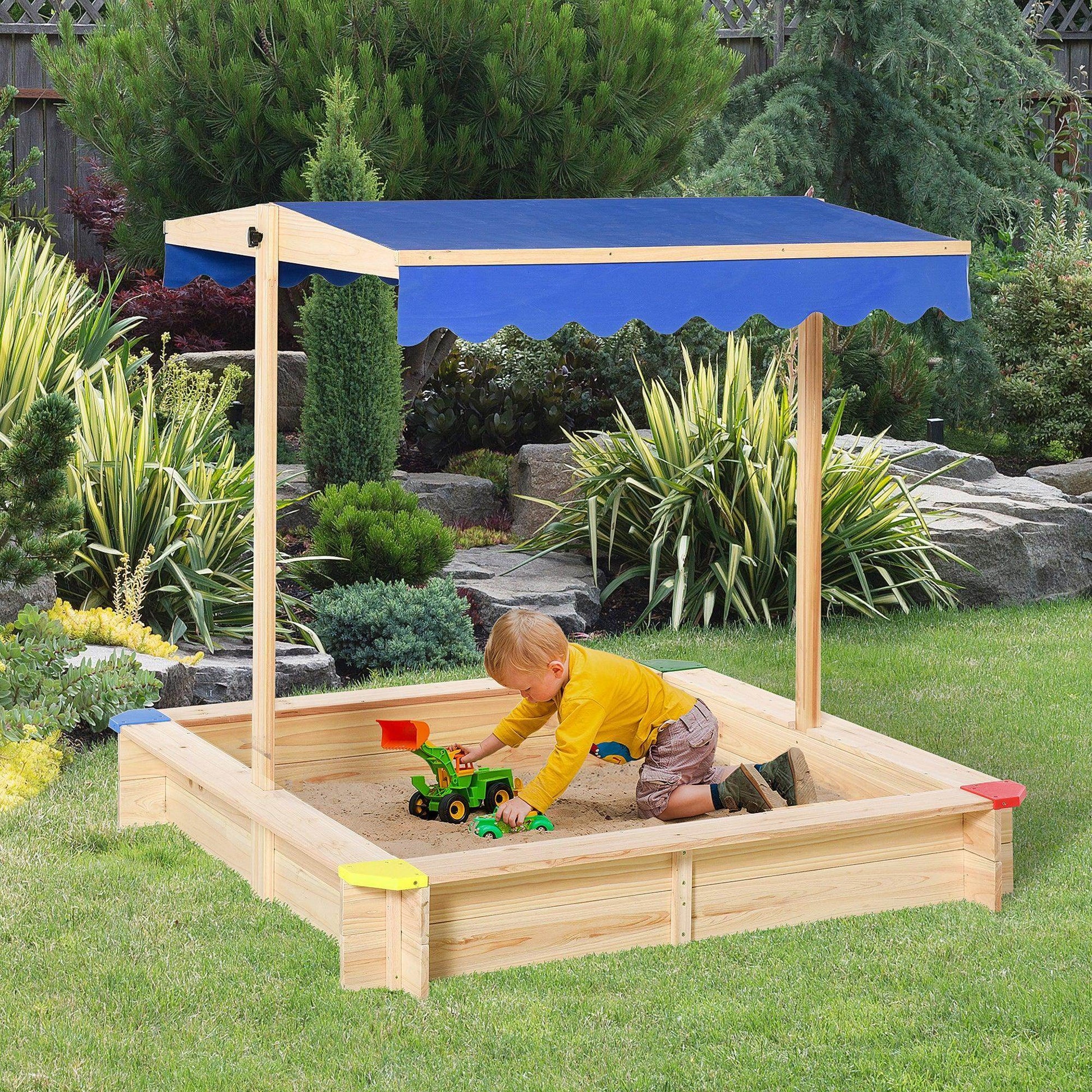 Outsunny Wooden Sandpit with Adjustable Canopy and Bench Seat - ALL4U RETAILER LTD