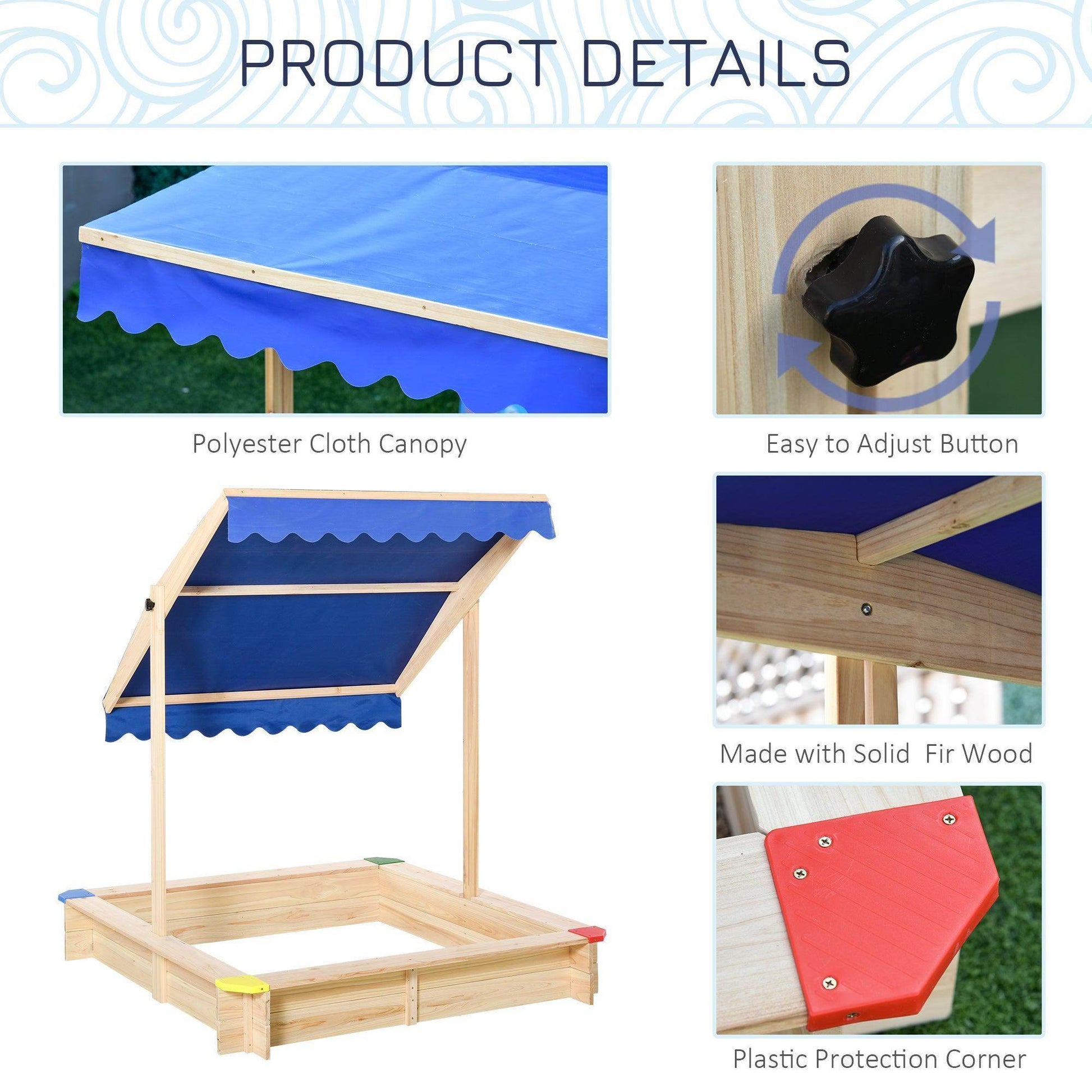 Outsunny Wooden Sandpit with Adjustable Canopy and Bench Seat - ALL4U RETAILER LTD