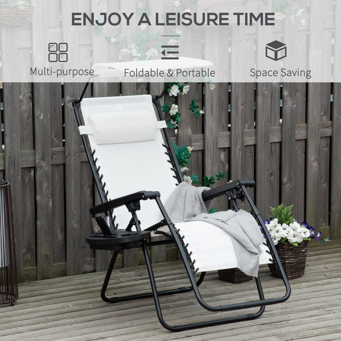 Outsunny Zero Gravity Patio Sun Lounger with Canopy - White - ALL4U RETAILER LTD
