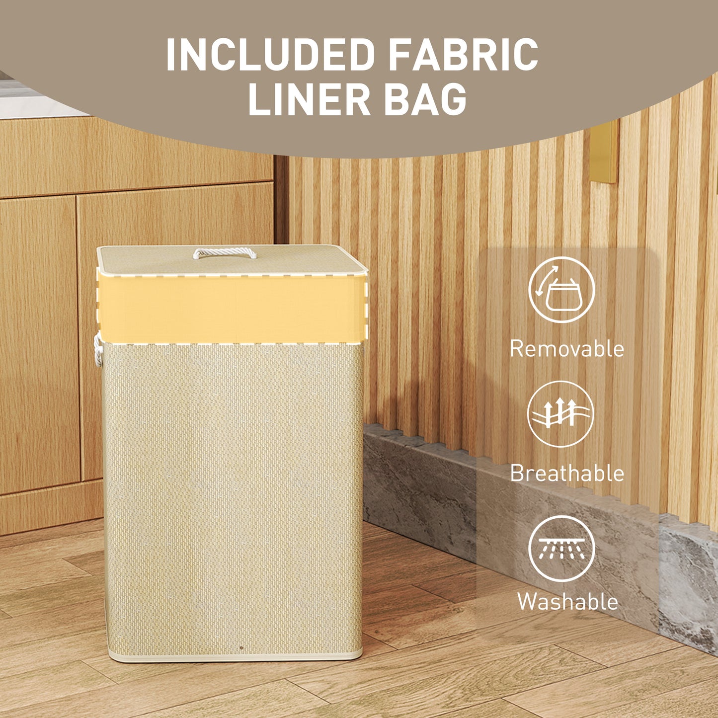 HOMCOM Bamboo Laundry Basket With Lid 72L Laundry Hamper Rope Handles Removable Liner Bag Bathroom Bedroom Nature Wood