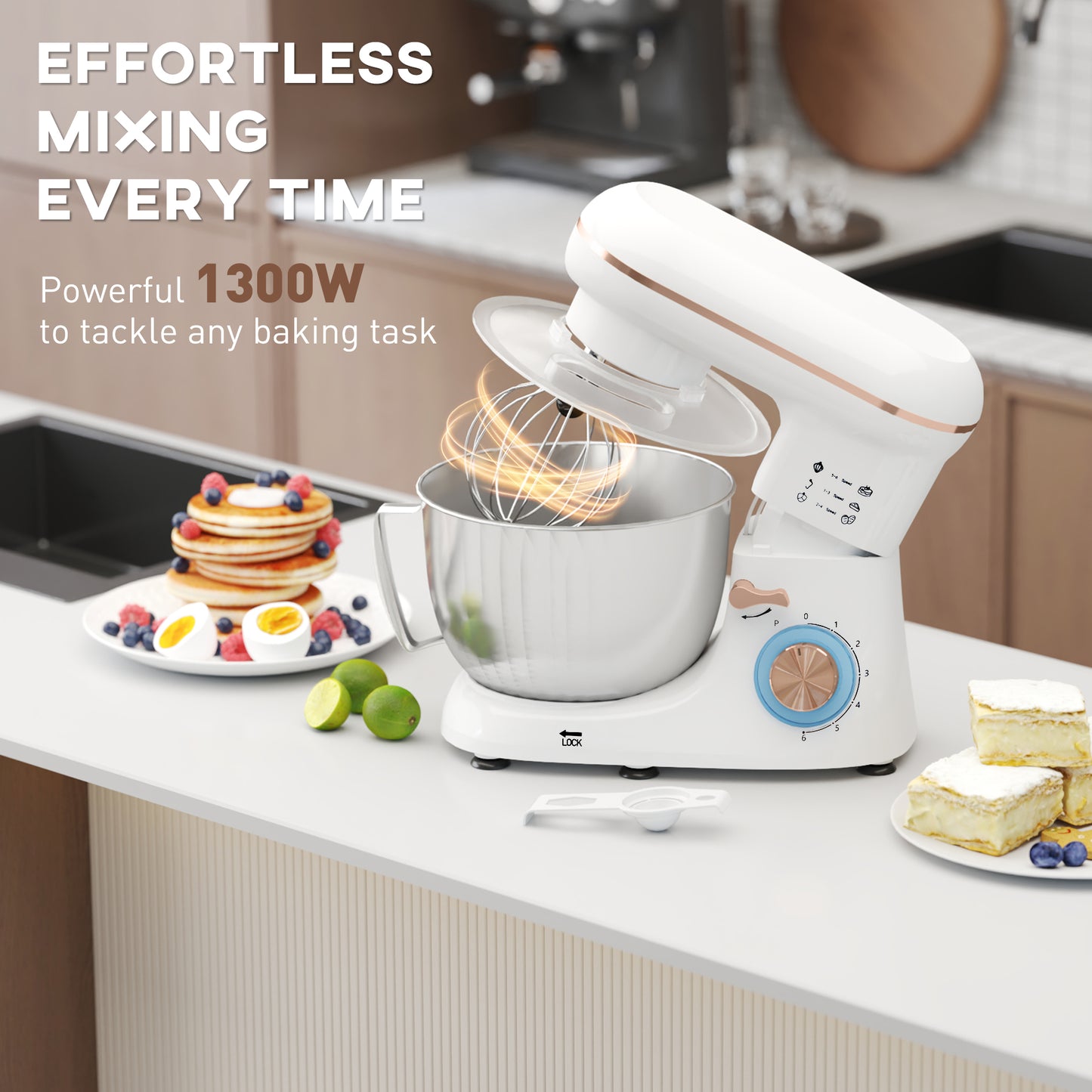HOMCOM 1300W Stand Mixer With Accessories White 4.5L Stainless Steel Bowl Whisk Dough Hook Beater