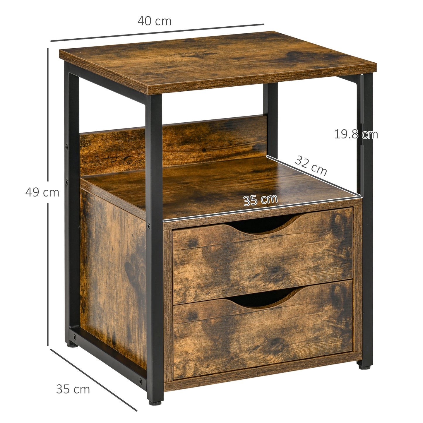 HOMCOM Industrial Side Table Set of 2 with Drawers and Open Shelf Slim Nightstands Rustic Brown Living Room and Bedroom