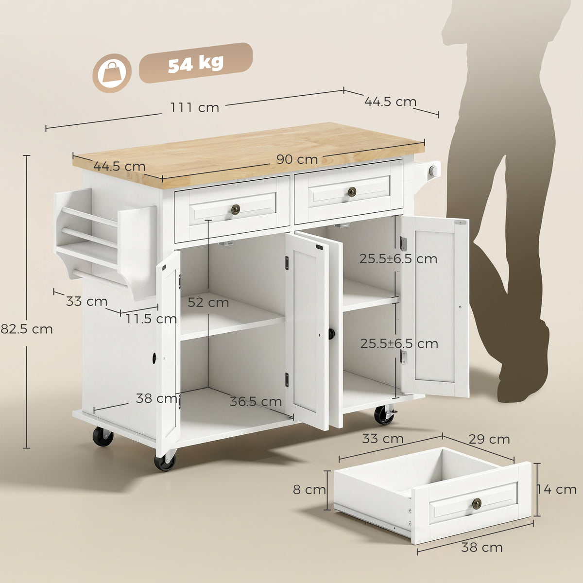 Homcom Rolling Kitchen Island Rubberwood Top Drawers Cream White Shelves