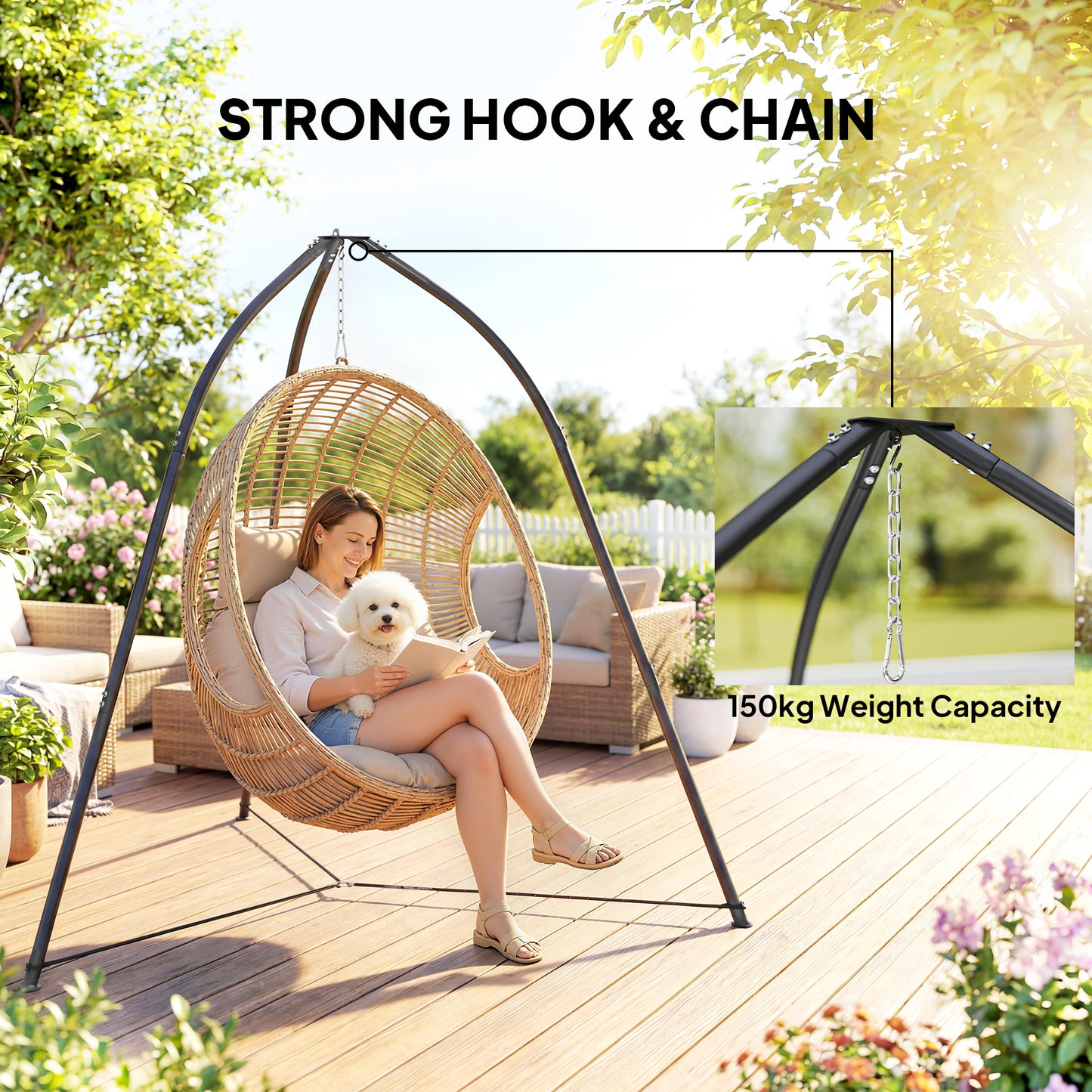 Outsunny Tripod Hammock Stand With Chain For Hanging Chair Adjustable Height 150 Kilogram Capacity Weatherproof Black