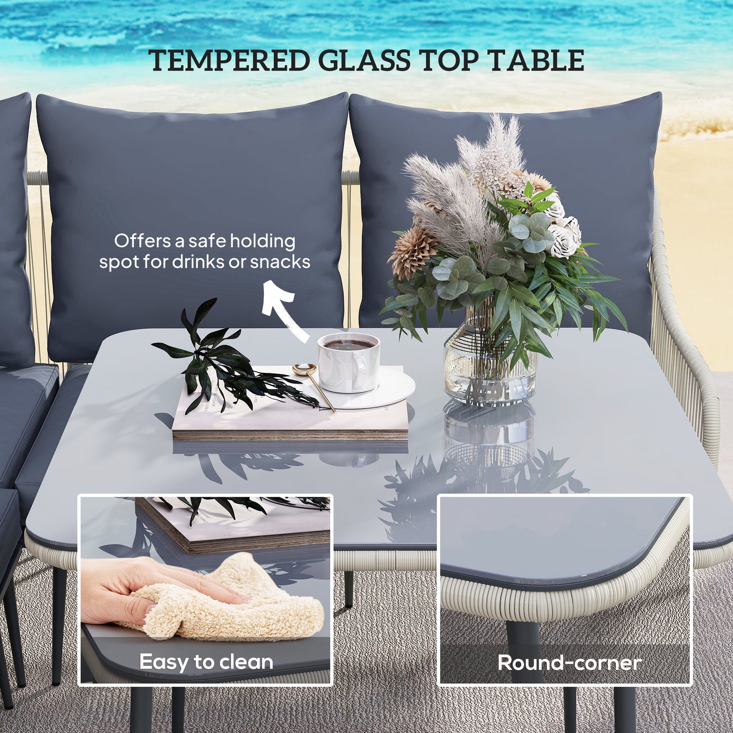 Outsunny Six Piece Rattan Garden Sofa Set Grey With Square Table And Footstools
