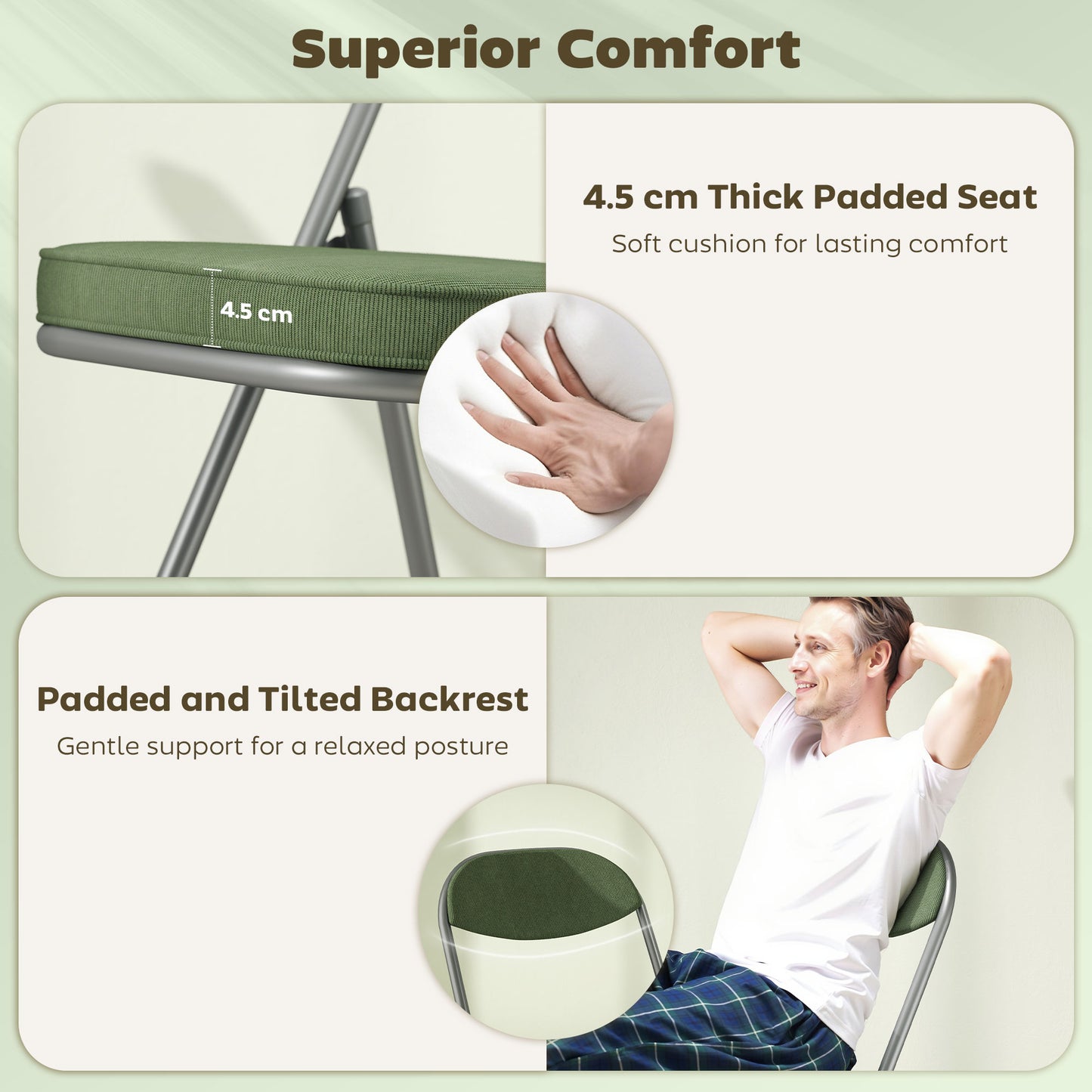 HOMCOM Set Of Four Folding Corduroy Chairs Green Padded Seat And Back Steel Frame