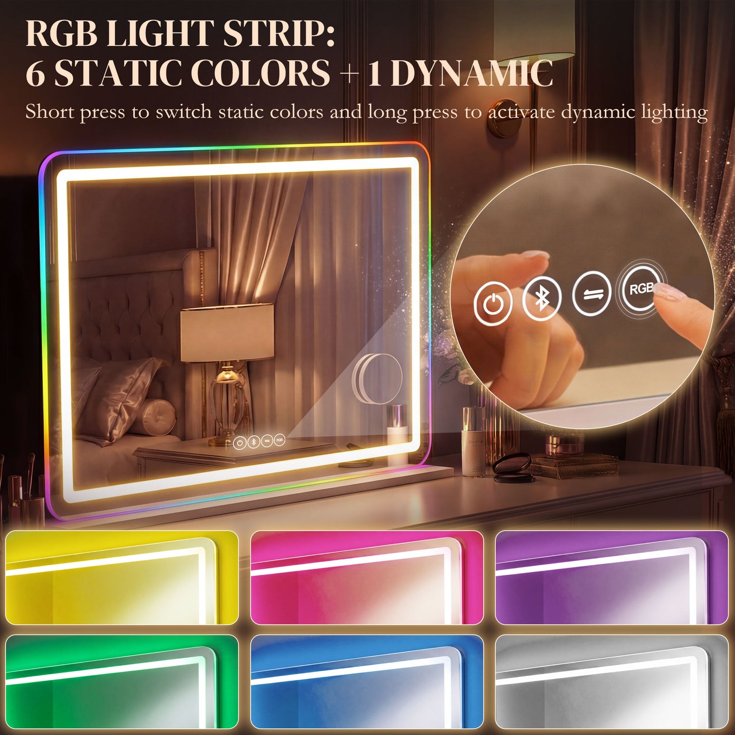 HOMCOM Vanity Mirror With Lights Dimmable Makeup Mirror Adjustable Color Temperature RGB LED Light Bluetooth Speaker White