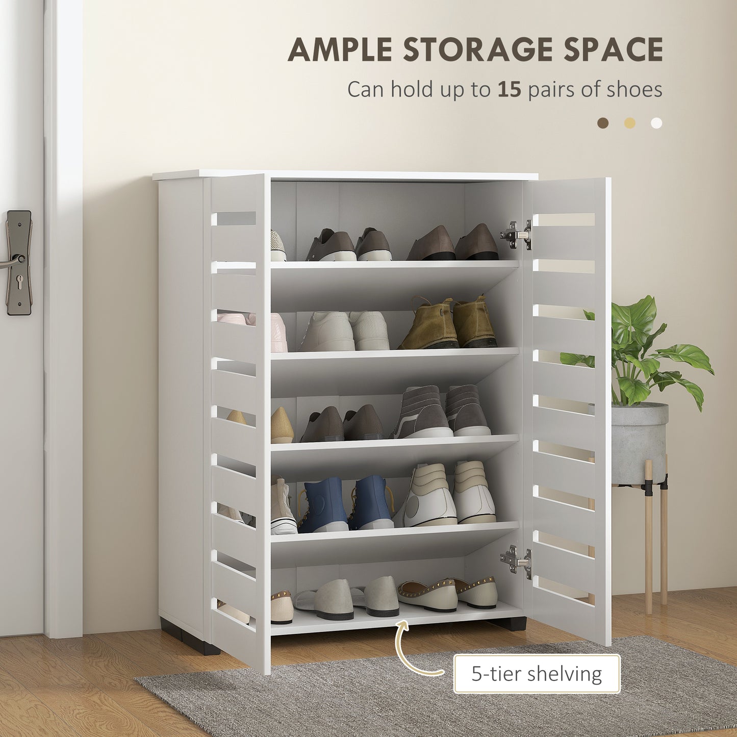 HOMCOM Narrow Shoe Cabinet For Entryway 5 Tier Slim Shoe Storage With 2 Slatted Doors And Adjustable Shelves