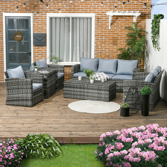 Outsunny 6-Piece Rattan Garden Furniture Set | Wicker Outdoor Sofa Sectional Patio Conversation Furniture Set with Storage Table and Cushions | Grey